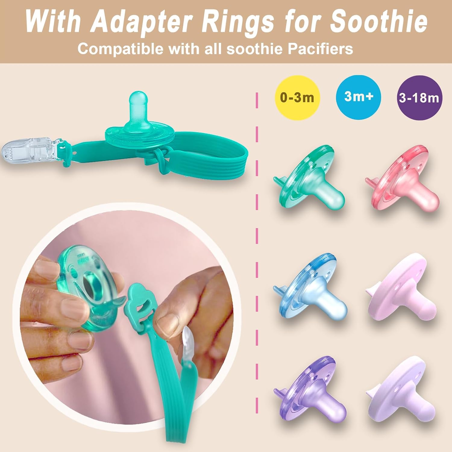 Detalle de Qunland Philips Avent Soothie対応 おしゃぶりクリップ シリコーン製 アダプターリング付き ピンク・パープル