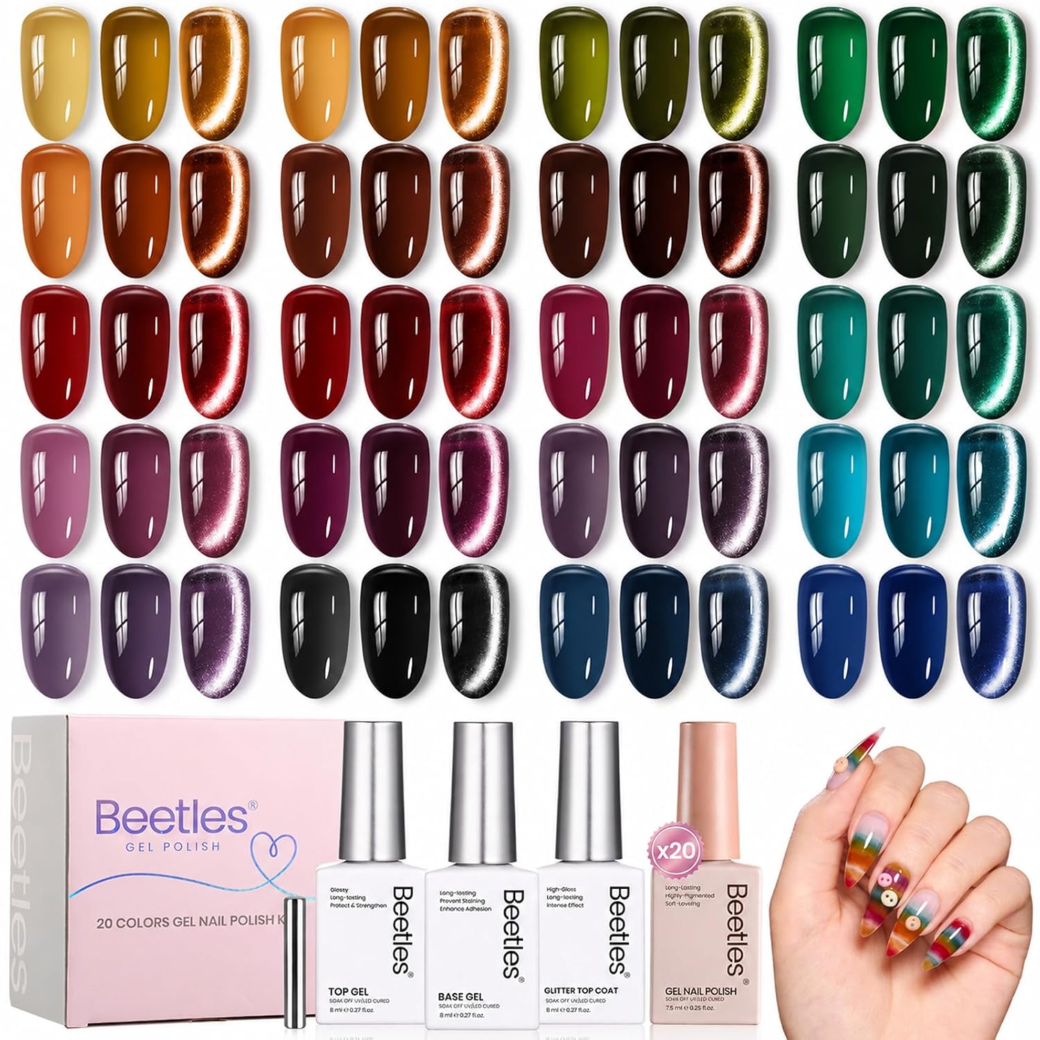 Detalle de Beetles Fall Jelly Gel Nail Polish Set, 20 Sheer Colors and Magnetic Cat Eye Top Coat
