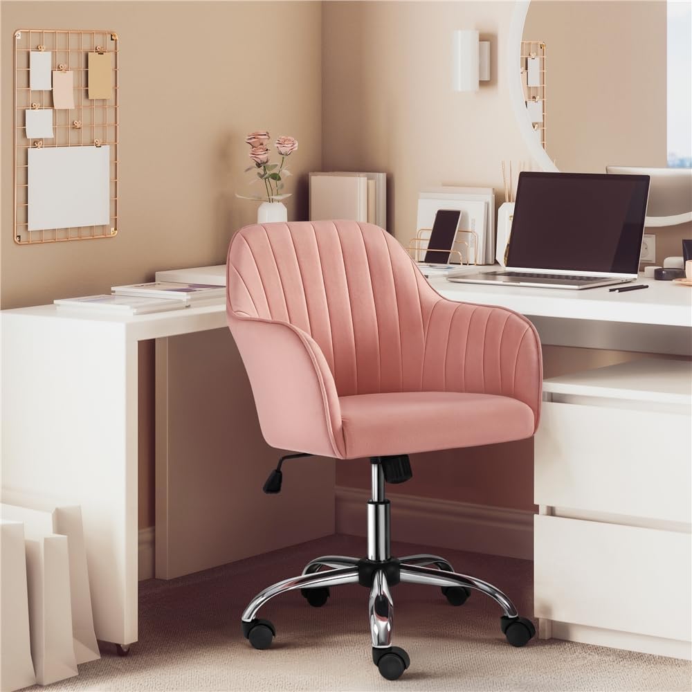 Detalle 2 de Yaheetech Sedia da scrivania ergonomica in velluto rosa girevole, reclinabile e regolabile in altezza (portata 136 kg)