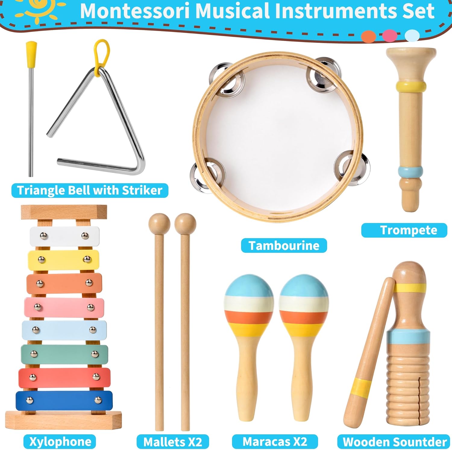 Detalle de Kids Musical Instruments: 6-in-1 Montessori Wooden Percussion Set for Toddlers (12–18M+), Boho xylophone, drums and more