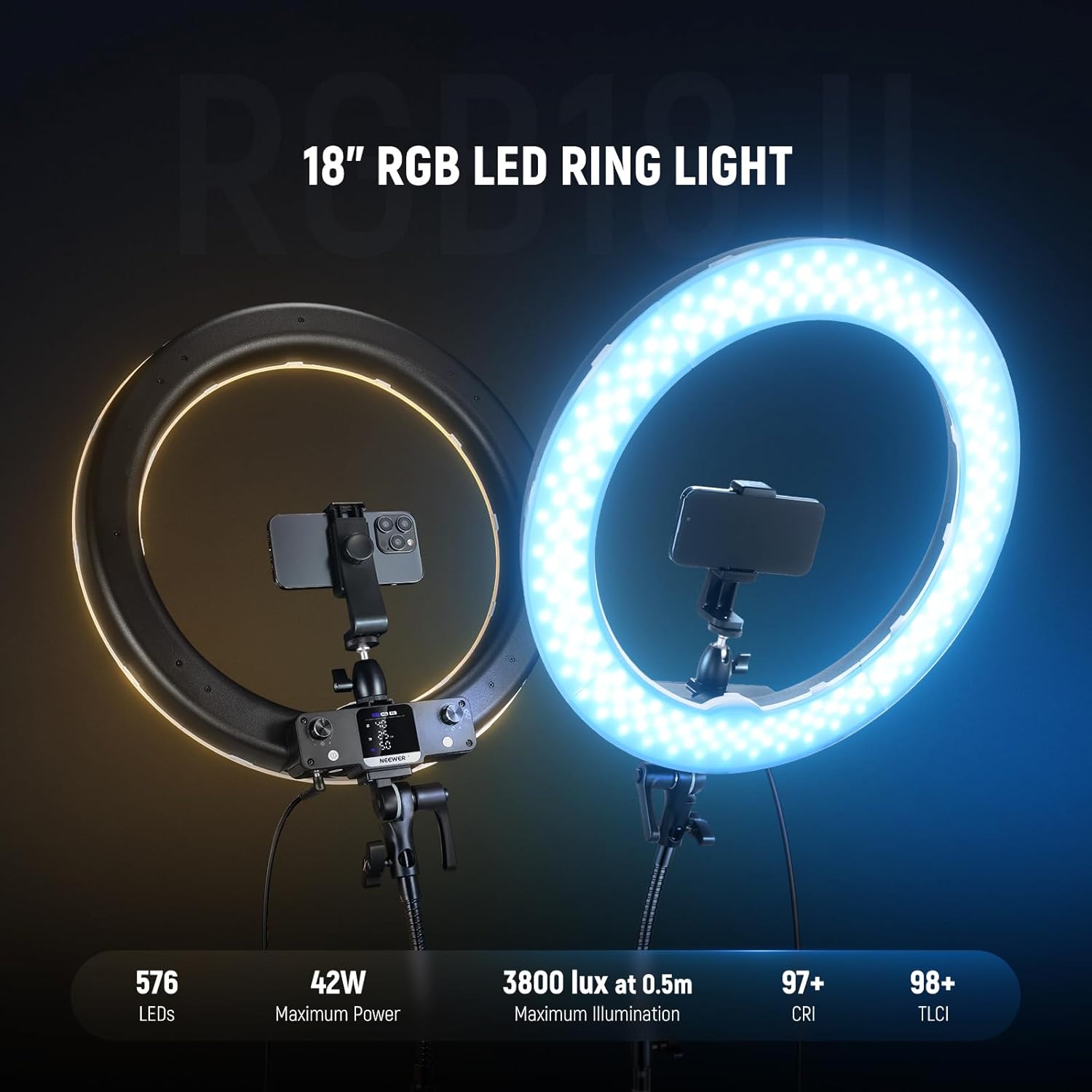 Detalle de NEEWER 18 Inch RGB LED Ring Light RGB18 II with APP Control, Tripod Stand & Phone Holder