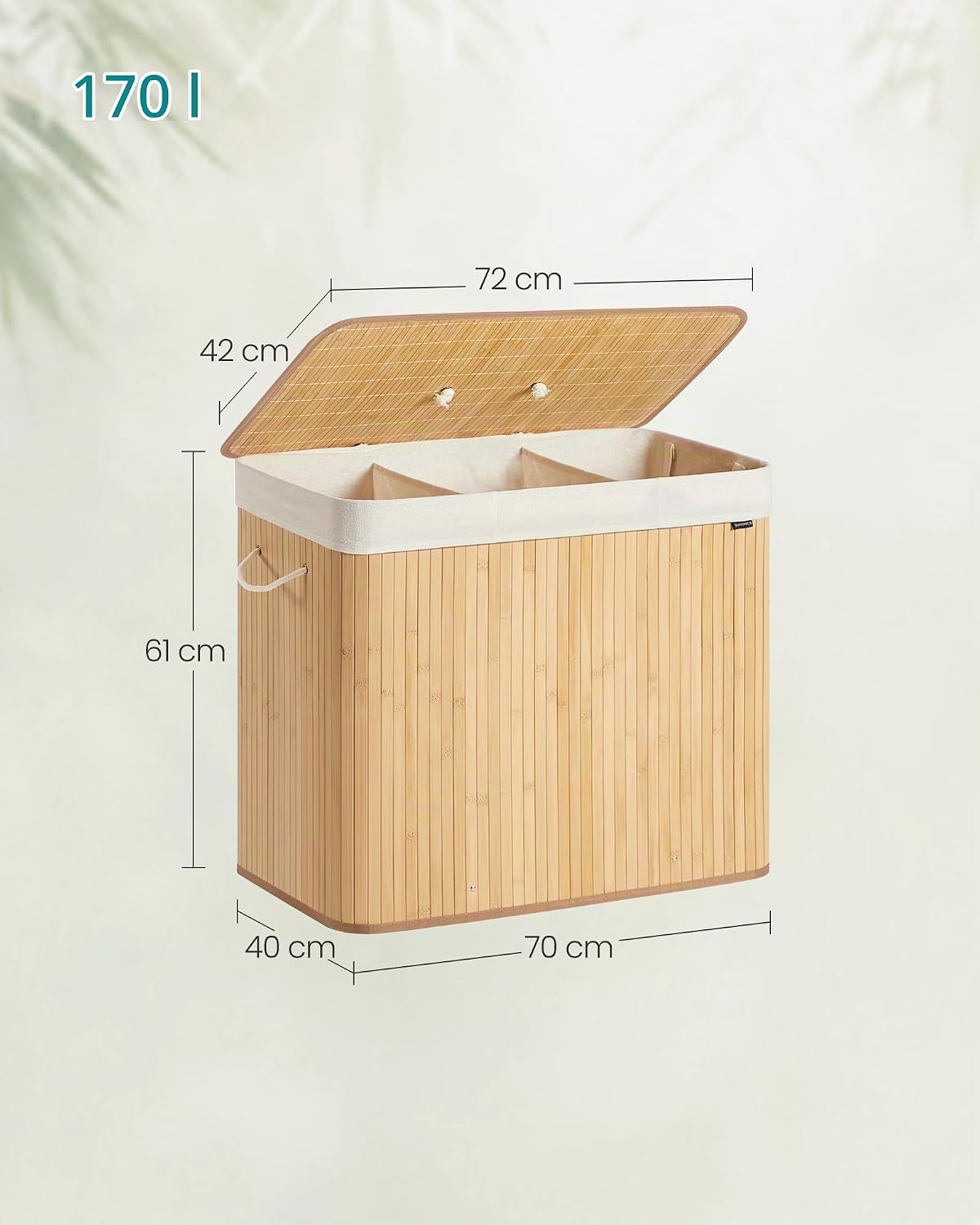 Detalle 1 de SONGMICS LCB013Y01 – bambusowy kosz na pranie 170 l, 3 komory, składany