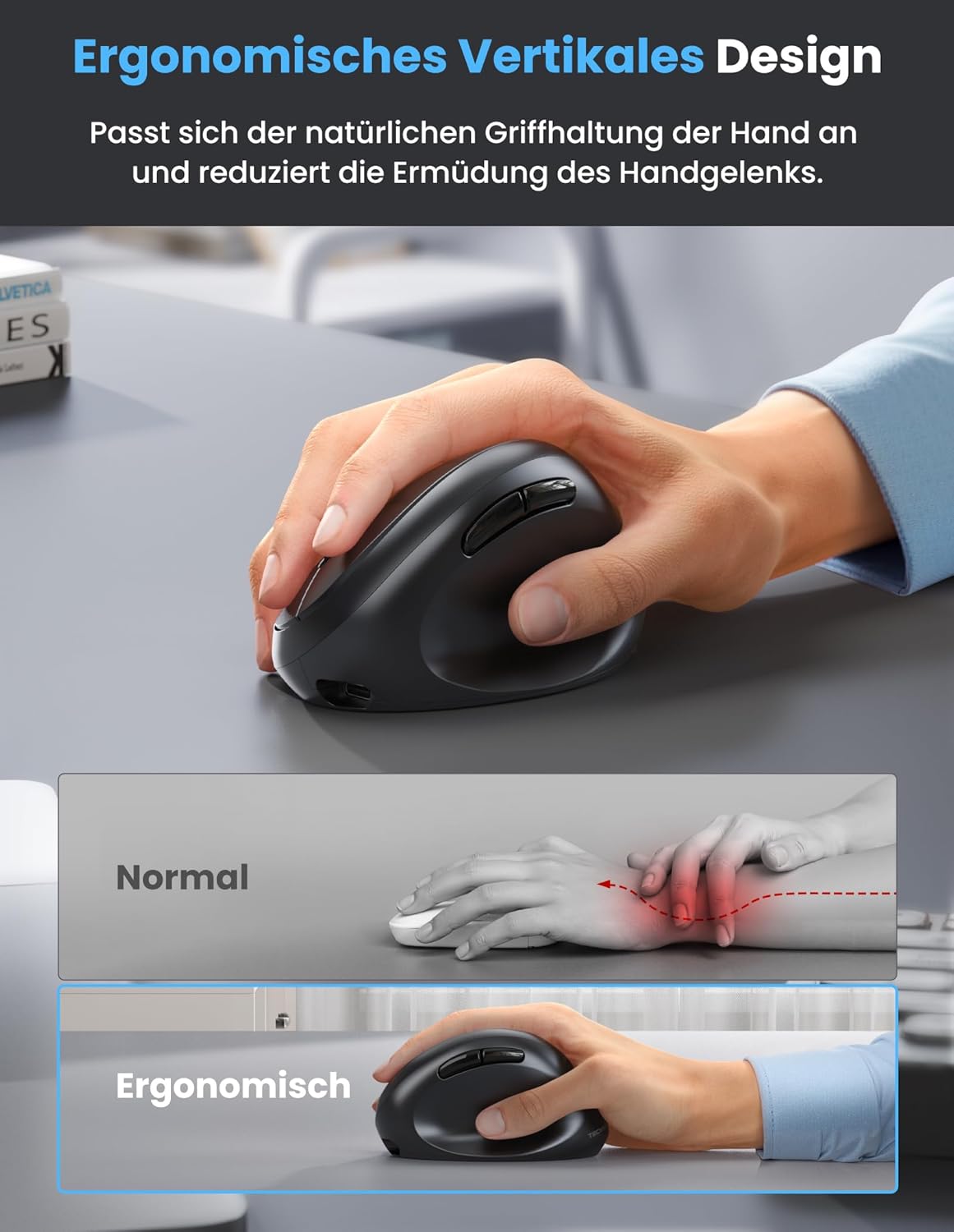 Thumbnail 2 de TECKNET ergonomische Bluetooth-Maus (BT 5.0/3.0 + 2,4G), wiederaufladbar, 3-Geräte, 6 Tasten, 4800 DPI