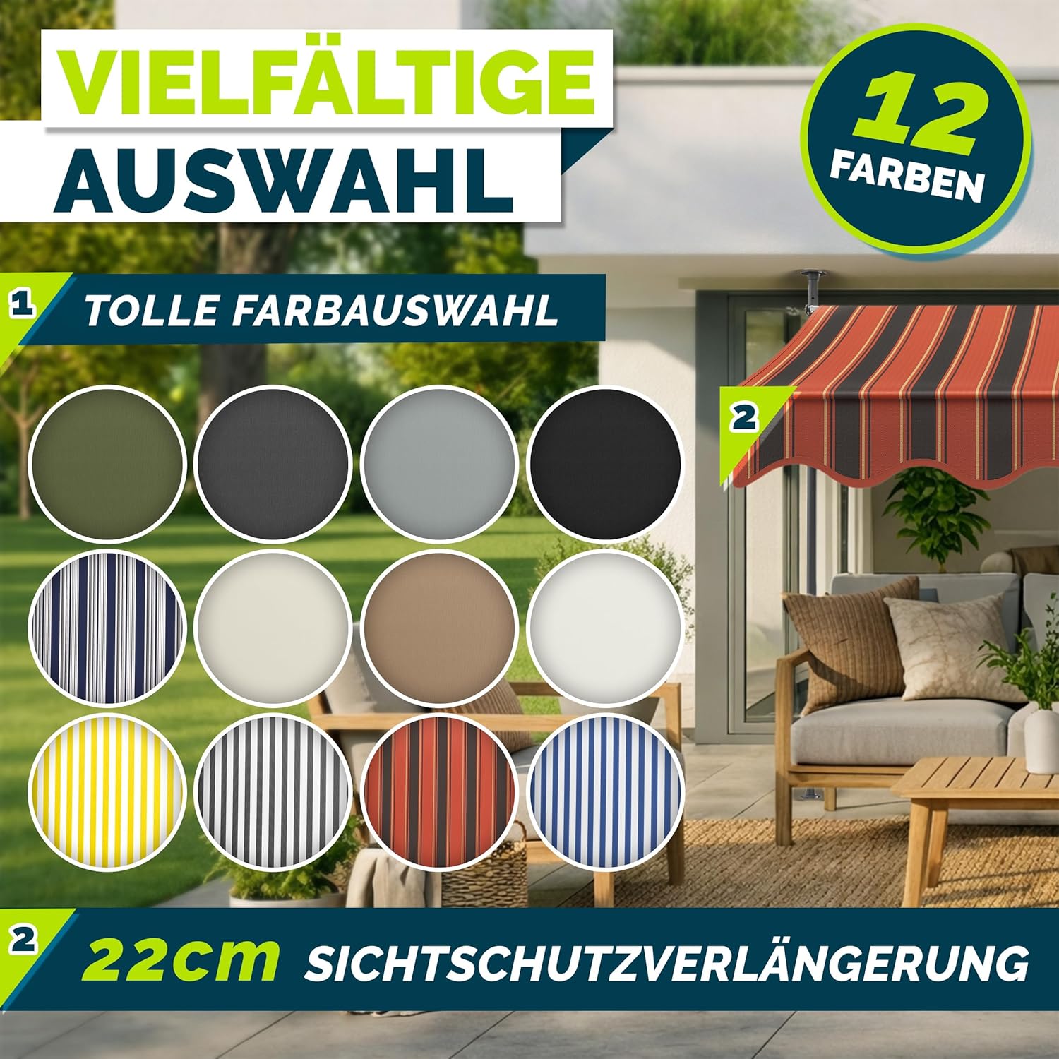 Thumbnail 6 de Tillvex Klemmmarkise mit Handkurbel & LED – 300 cm, Orange-Anthrazit