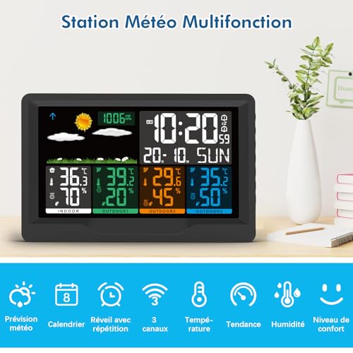 Detalle 2 de Station météo sans fil Qxmcov avec 3 capteurs et écran couleur – précision intérieur/extérieur