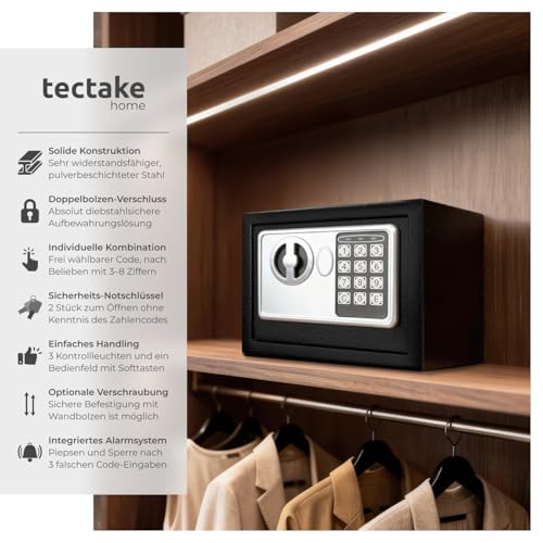 Detalle 2 de tectake Tresor für Zuhause: Elektronischer Safe mit Doppelbolzenverschluss, LED-Anzeige und zwei Öffnungsoptionen