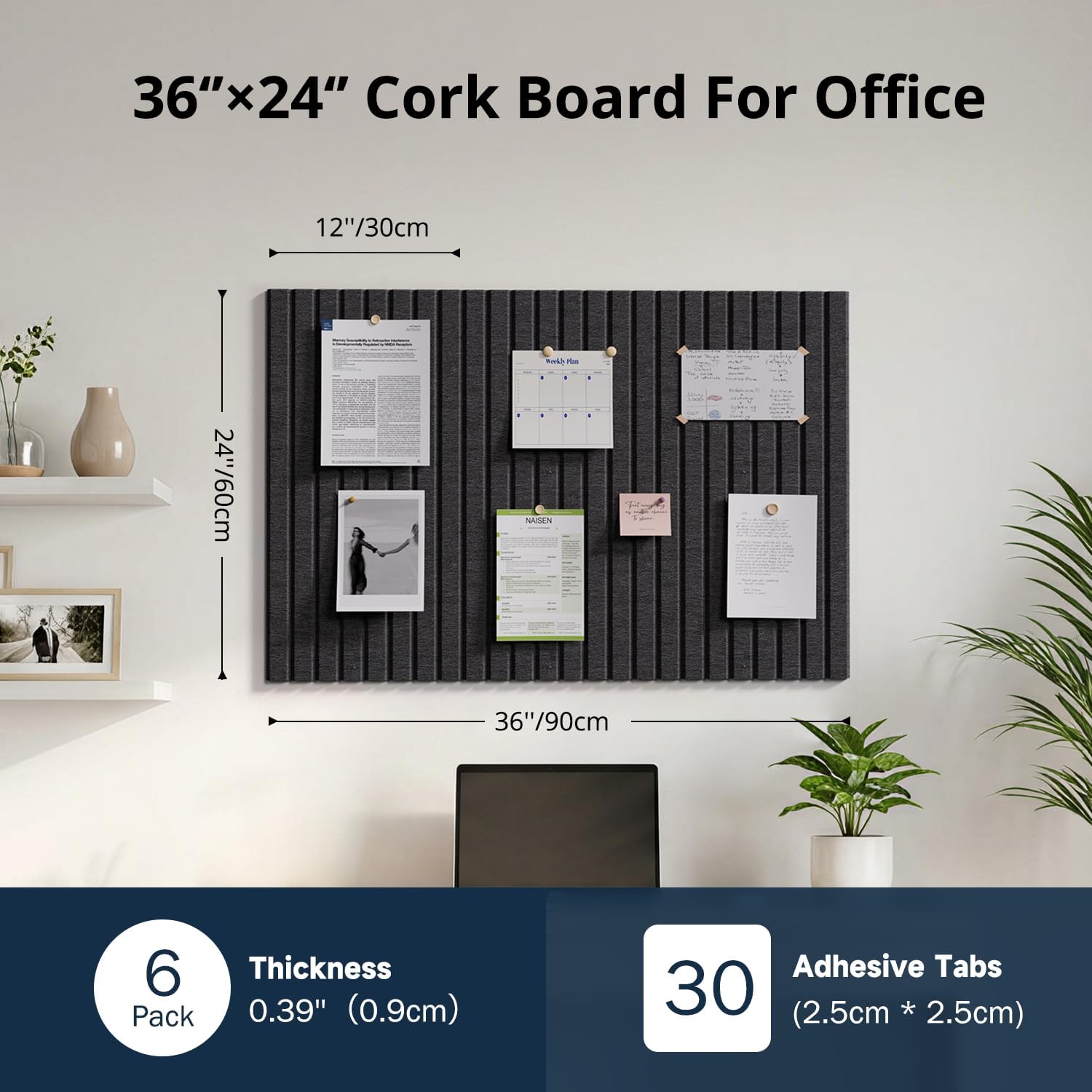 Detalle de Woovio 36" × 24" Felt Bulletin Board, Black, 6-Tile Wall Set
