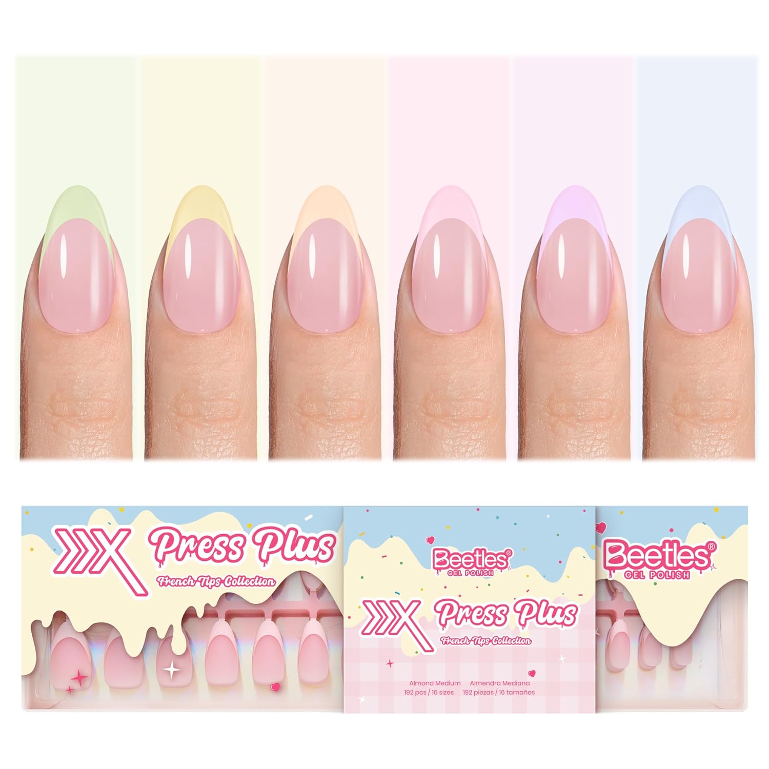 Detalle de Beetles French Tips Press On Nails (Pastel Spring, Medium Almond) — 192-Piece Set with Labeled Tip Sizes