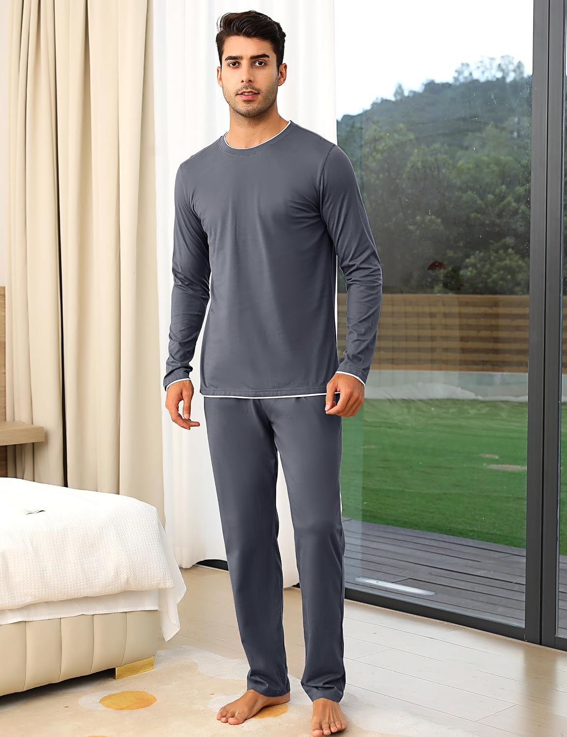 Detalle de Pyjama homme hiver Aseniza en 100% coton (manches longues, haut col rond et pantalon à cordon)