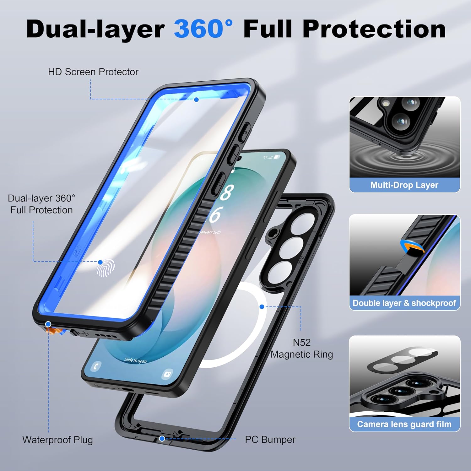 Detalle 1 de ANTSHARE Waterproof Case for Samsung Galaxy S26 (6.3-inch) with Built-in Screen & Lens Protectors (IP68)