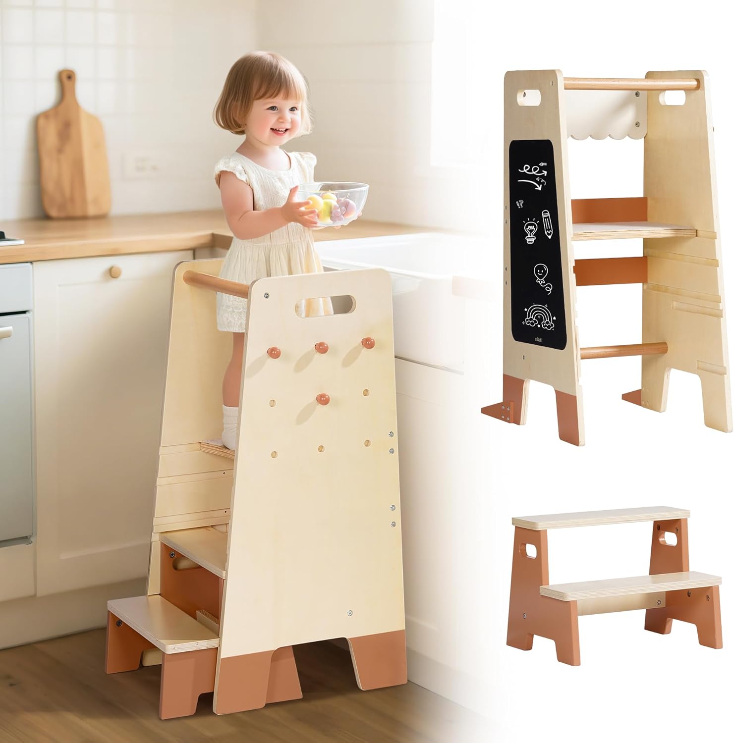 Thumbnail 5 de ROBOTIME Tritthocker aus Holz für Kleinkinder mit Sicherheitsgeländer & Tafel – Montessori Küchenhelfer ab 2 Jahren