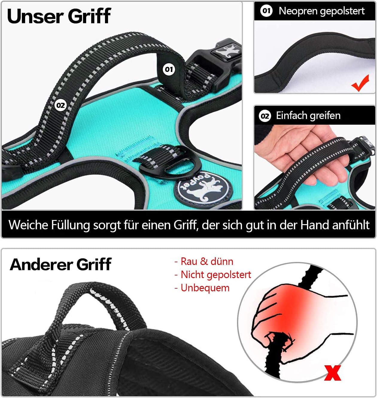 Thumbnail 2 de PoyPet Keine Pull Hundegeschirr Front Reflektierende Weste – Mint Blau, XL