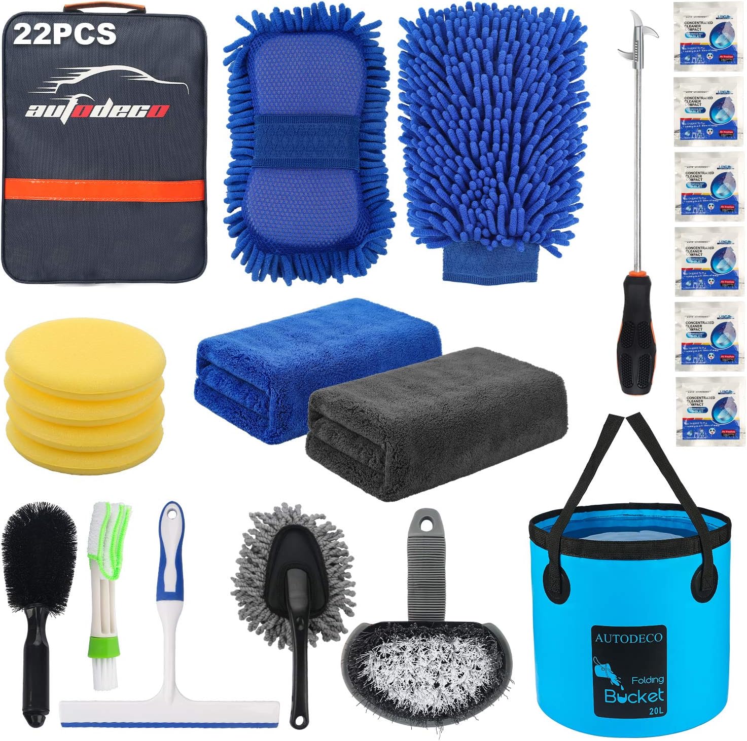 AUTODECO 22Pcs Car Wash Cleaning Kit with Collapsible Bucket