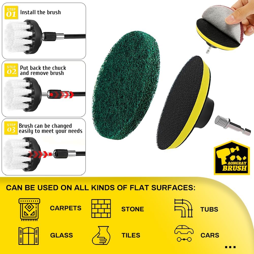 Detalle 2 de Aongray Drill Brush Attachment Set (22 pieces) – 1/4in Hex, with Extension Pole and Scrubbing Pads