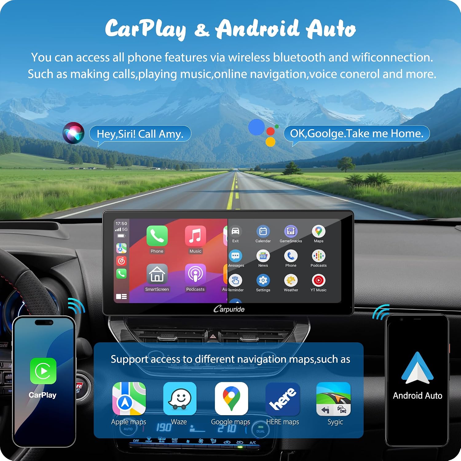 Detalle de Carpuride W103 Pro: 10.3-inch Wireless CarPlay/Android Auto Receiver with Dual Bluetooth, Mirror Link and GPS