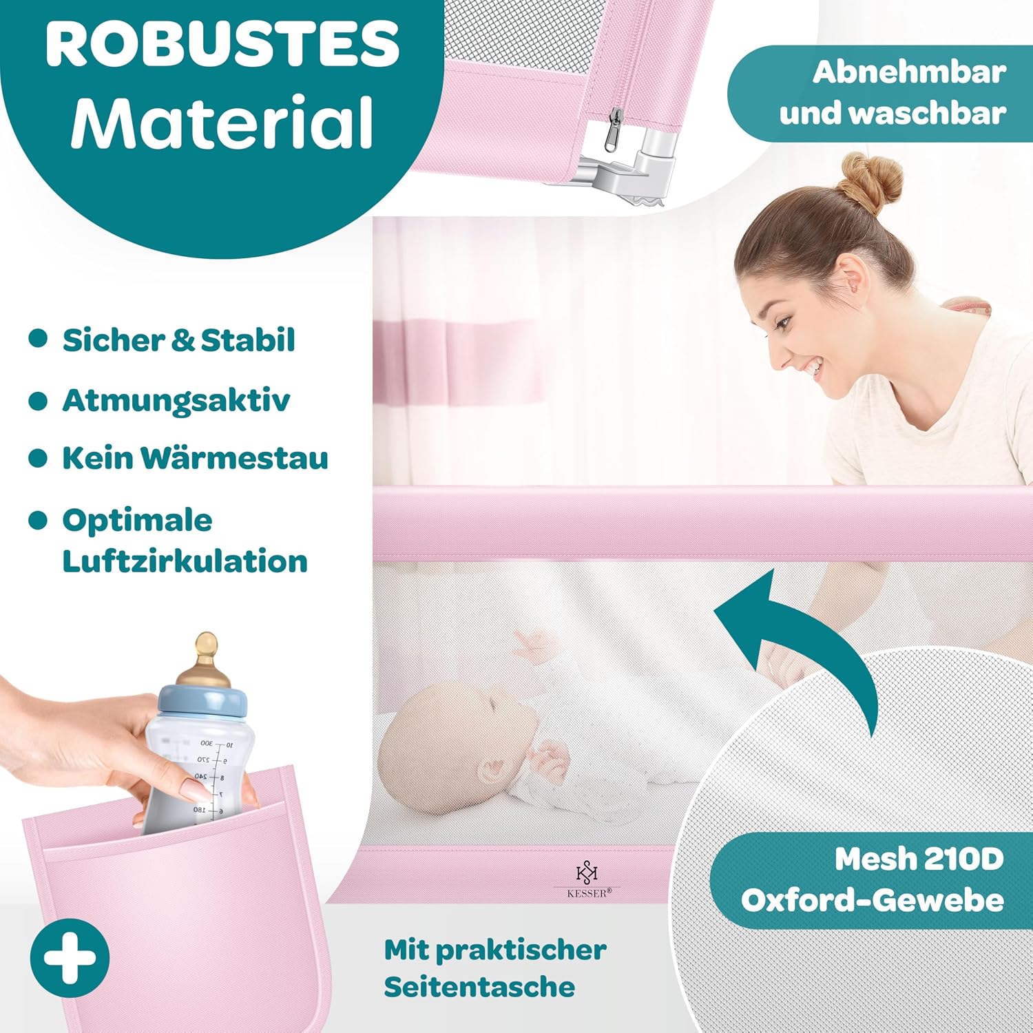 Detalle 2 de KESSER® Bettschutzgitter 180 cm Höhe 72–96 cm