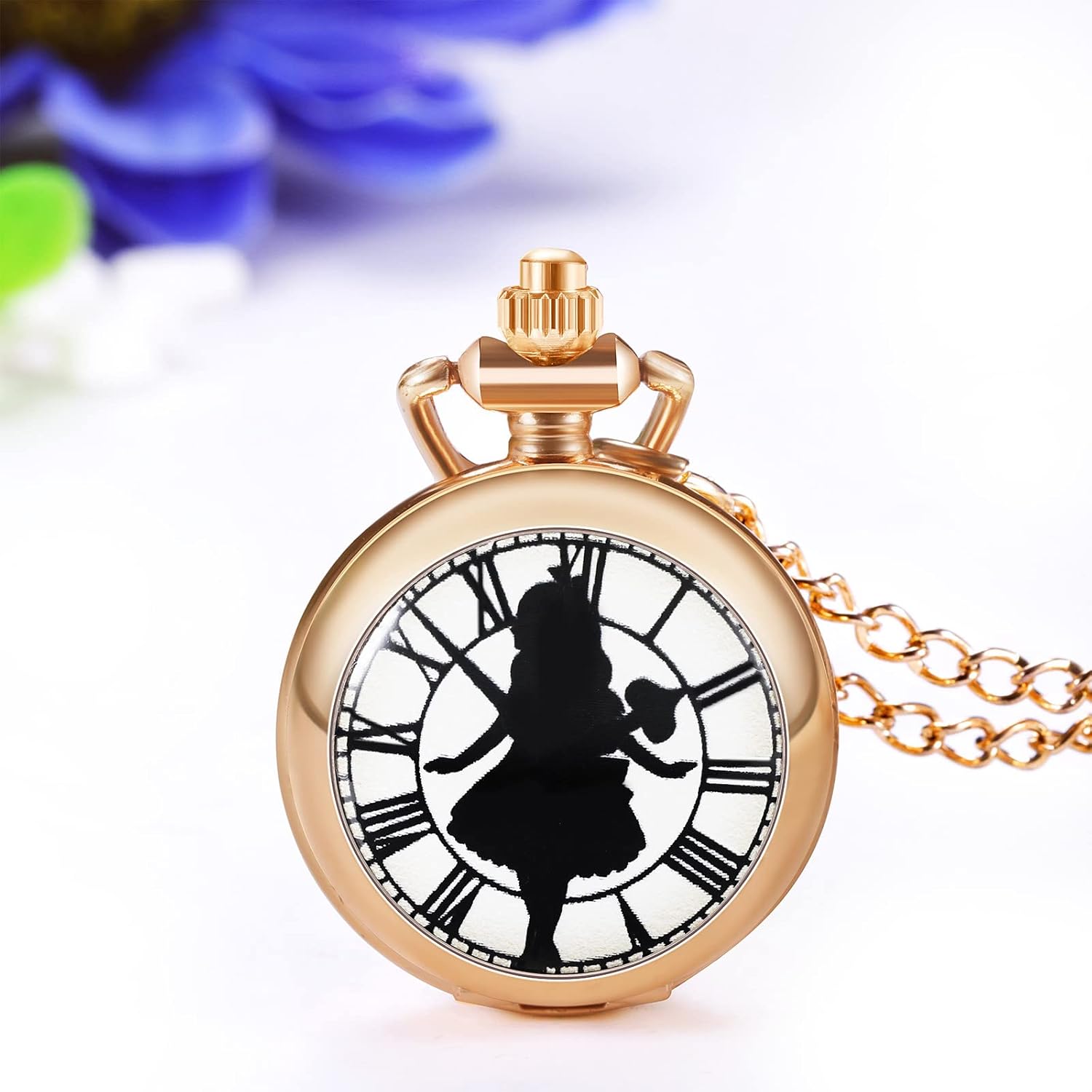 Detalle 2 de JewelryWe Taschenuhr Damen Elegant – Rosegold mit Engelsmotiv, Lebensbaum, Schädel, Schmetterling oder Engel Mädchen – Analoge Quarz-Uhr mit Kette
