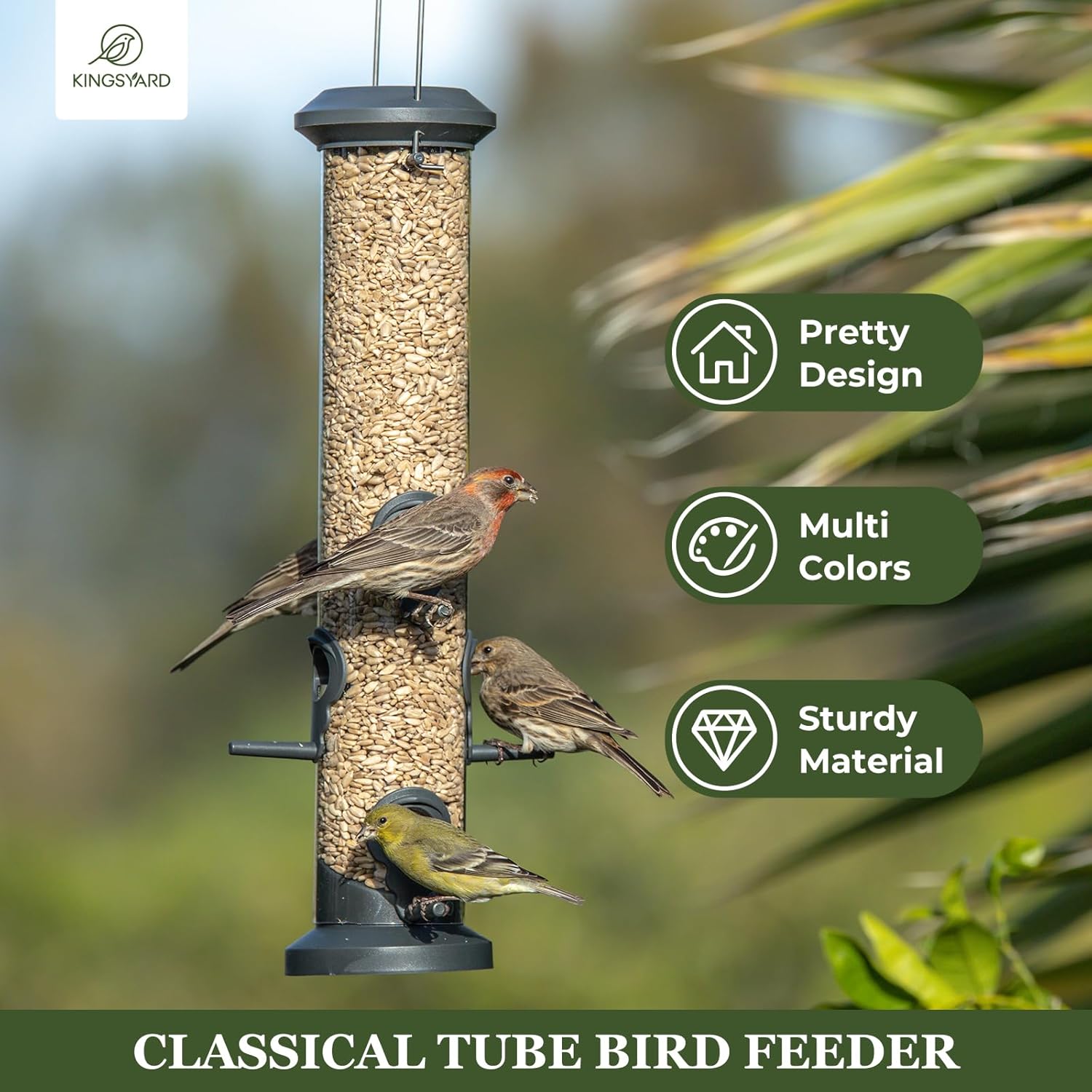 Detalle de Kingsyard 2-Pack Tube Feeders with 6 Feeding Ports (Weatherproof Hard Plastic & Steel Hanger) — Black