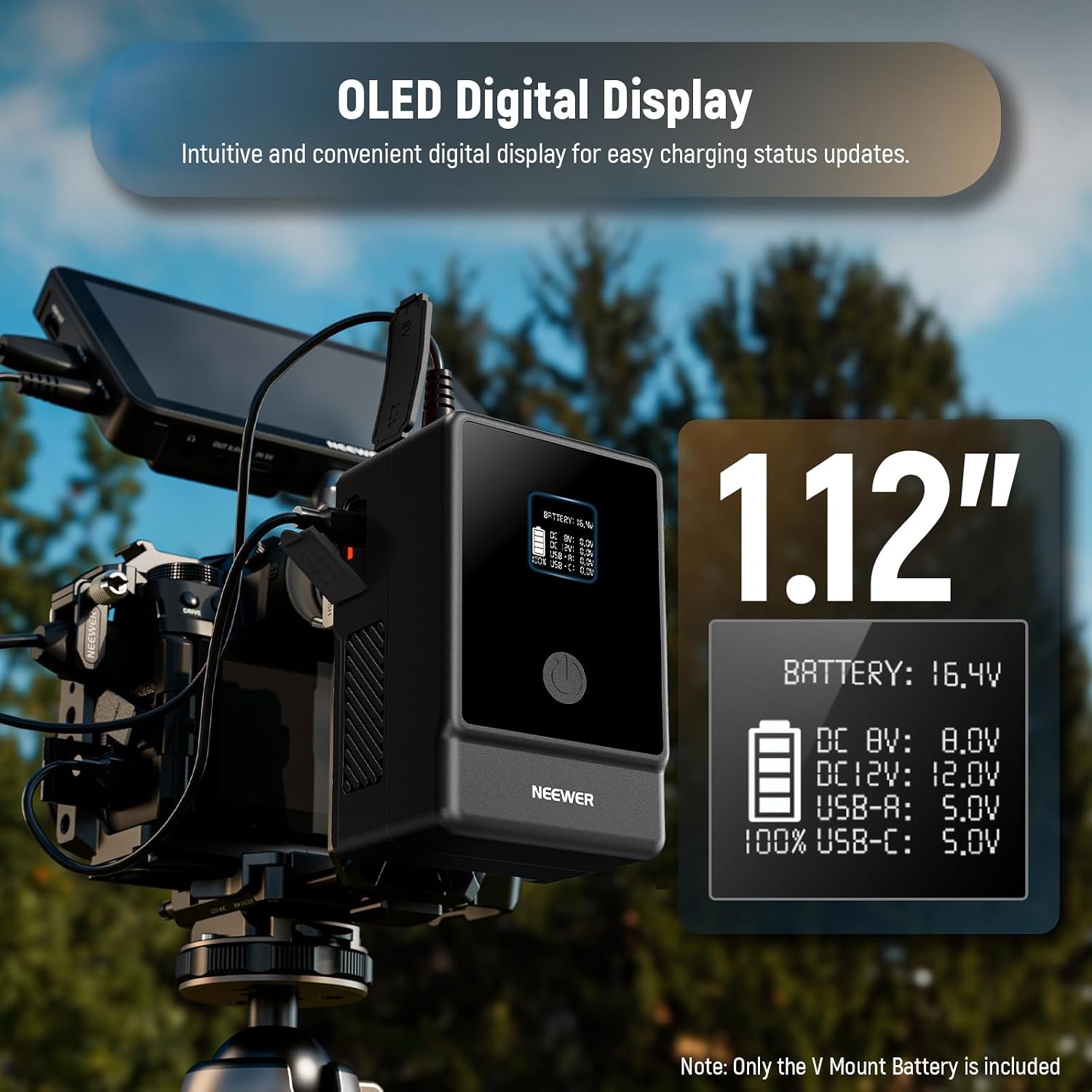 Detalle 2 de NEEWER Basics V-Mount Akku PS099E (99Wh) mit OLED-Display, PD 65W und D-Tap/Typer-C-Kabel