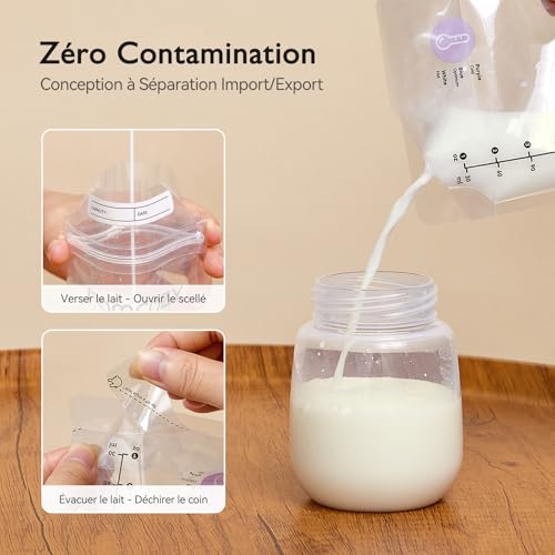Detalle 2 de Momcozy Sachets de Congélation Lait Maternel 180mL – Lot de 120, Double fermeture, 100% stériles