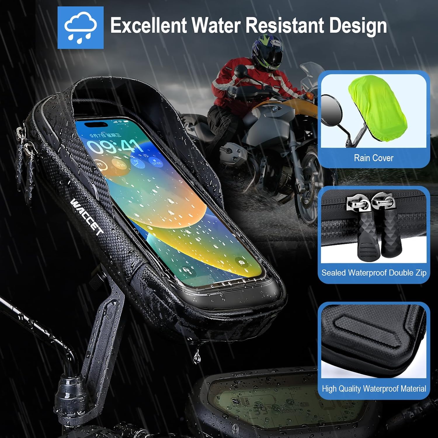 Thumbnail 5 de WACCET Support téléphone moto étanche avec rotation 360° jusqu’à 7,2 pouces (noir)