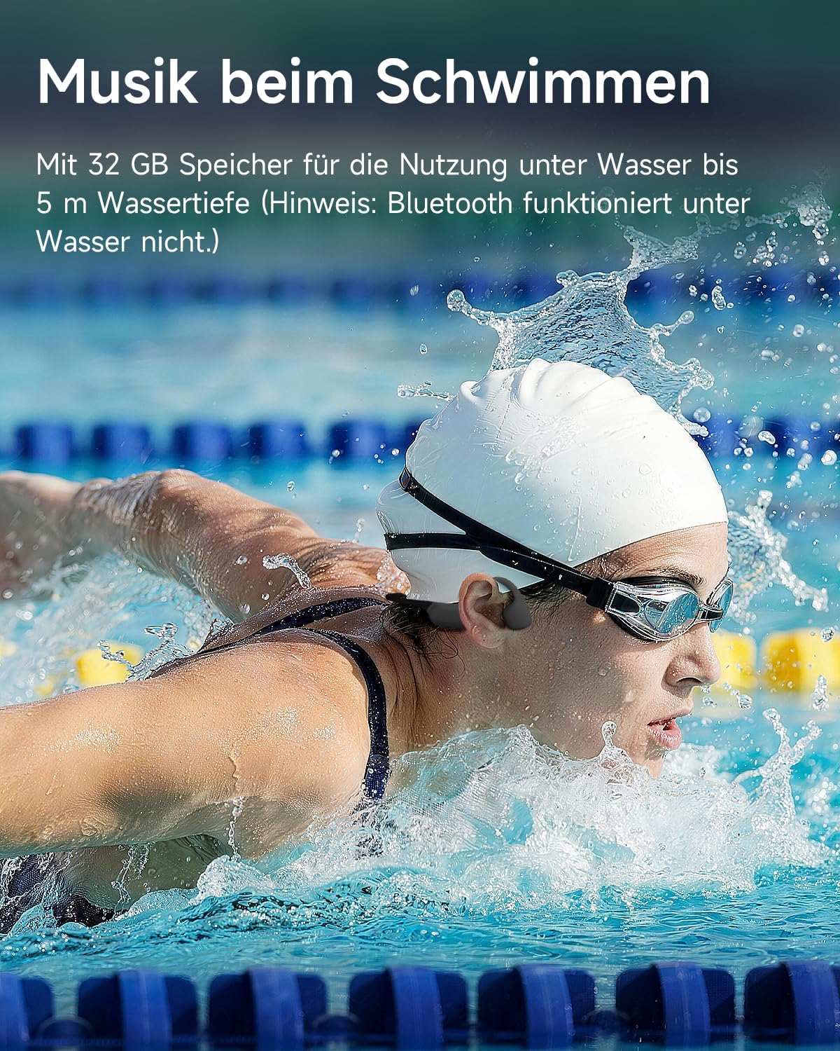 Detalle de Rhyfell Knochenschall-Schwimm-Kopfhörer mit IP68, 32‑GB MP3-Player & Bluetooth 6.0