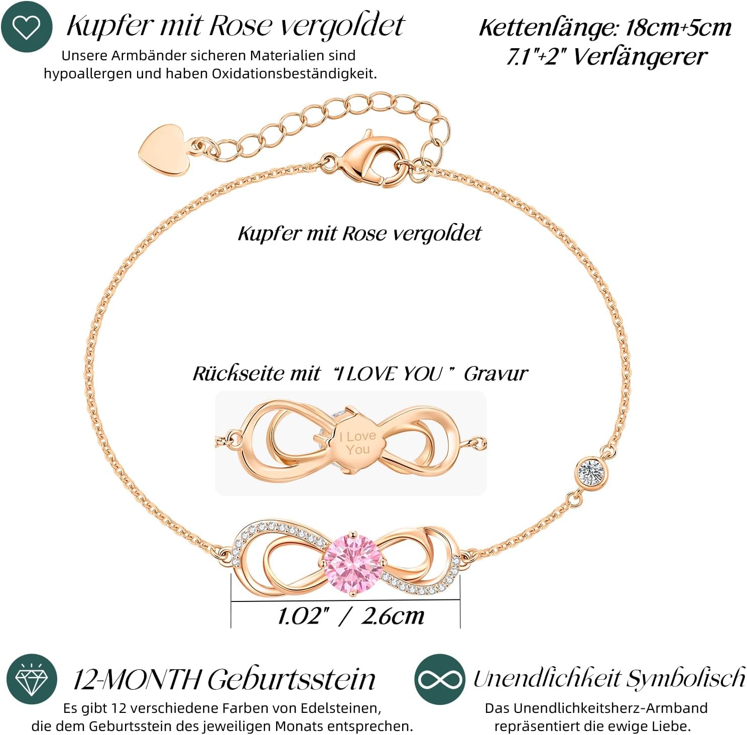 Thumbnail 4 de CDE Infinity Armband für Damen mit Herz, Zirkonia und Geburtsstein (Roségold)