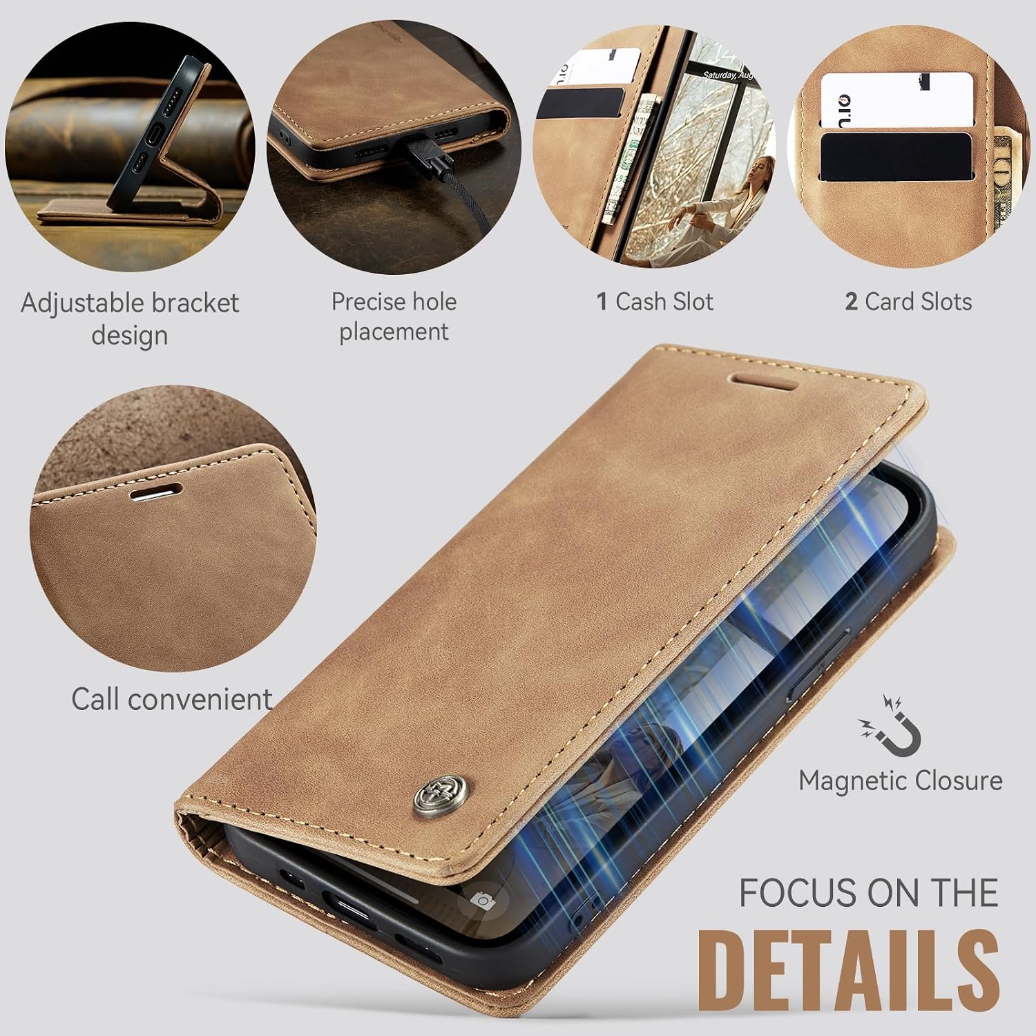 Detalle de Lanranwa Premium Lederhülle Klappbar für iPhone 13 Pro Max – Braun