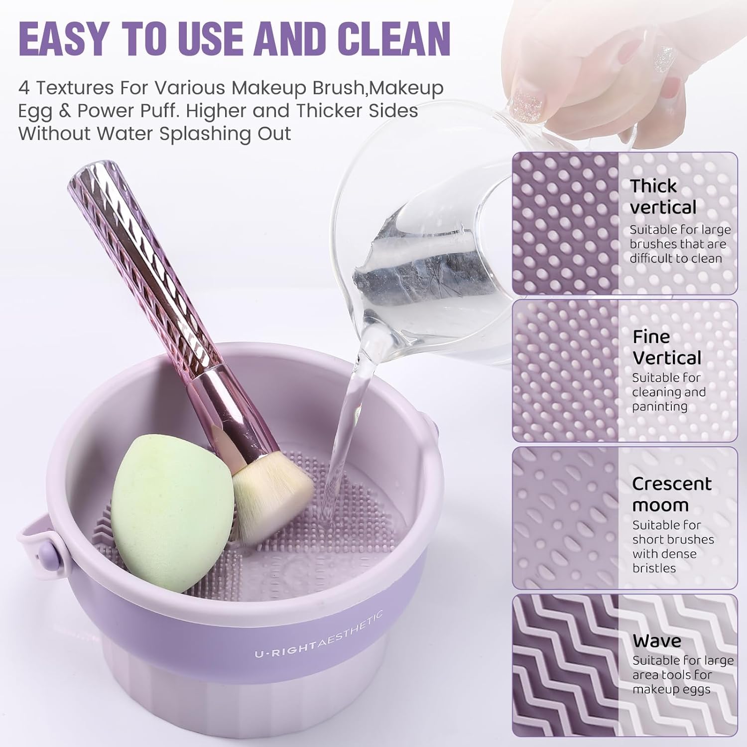 Detalle de Makeup Brush Cleaner Mat 3-in-1 Silicone Bowl for Washing, Upside-Down Drying & Storage (Purple)