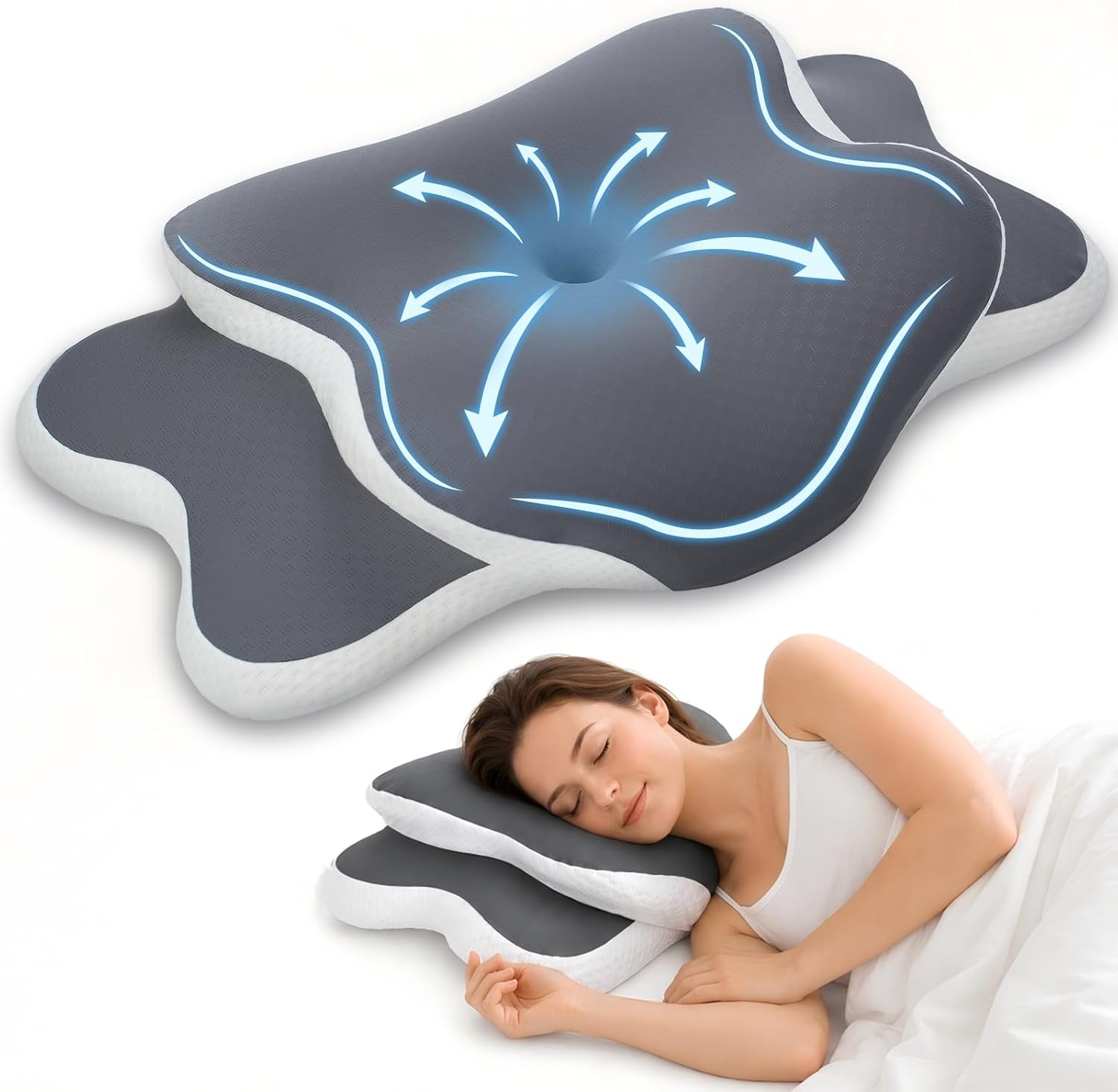Detalle de CloudNook Ergonomic Cervical Pillow, Gray, Dual-Height Memory Foam, 60 × 35 × 14 cm