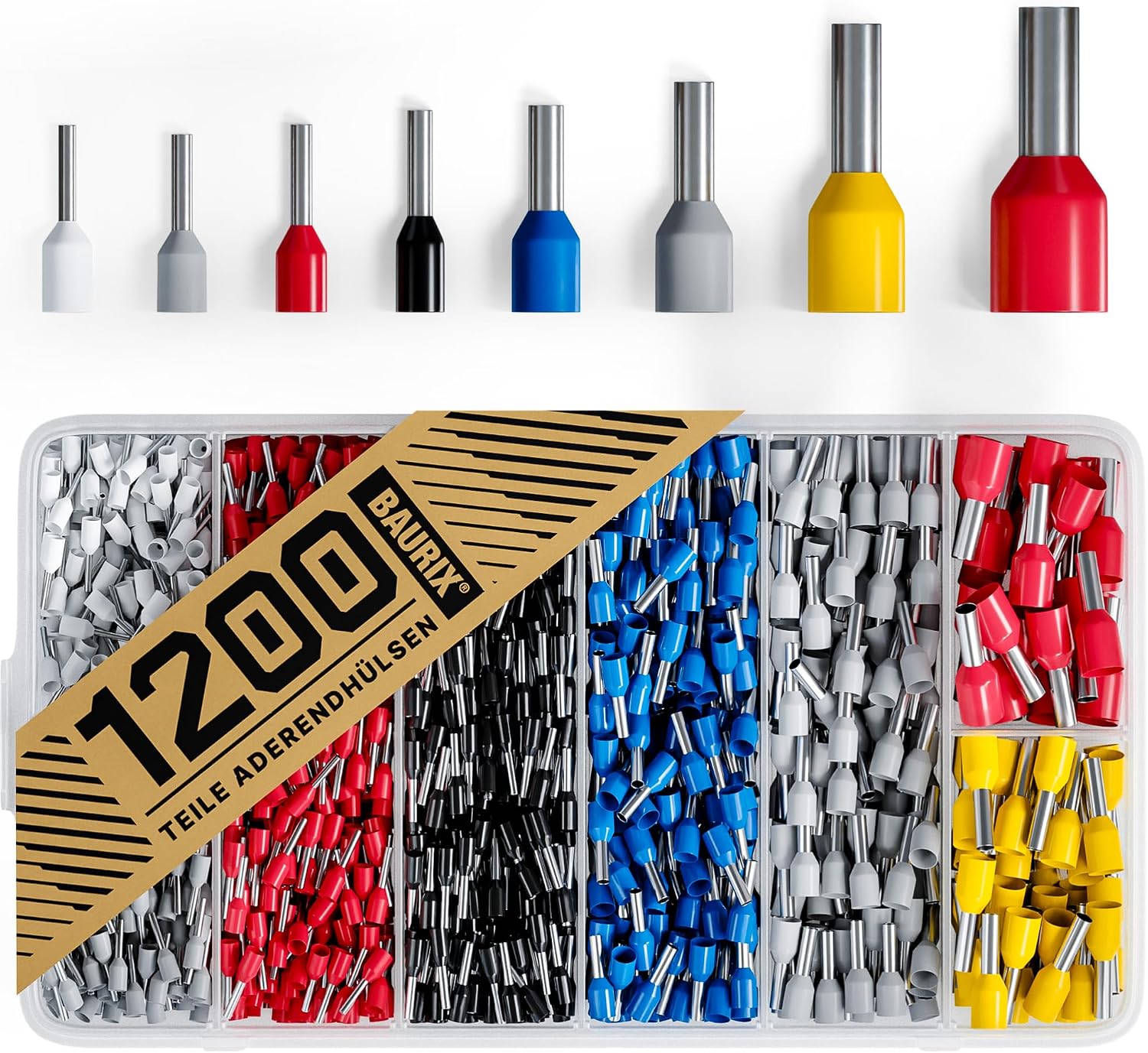 Detalle de BAURIX® Aderendhülsen Set (1200 Stück) isoliert 0,5–10 mm², farbcodiert nach DIN 46228-4
