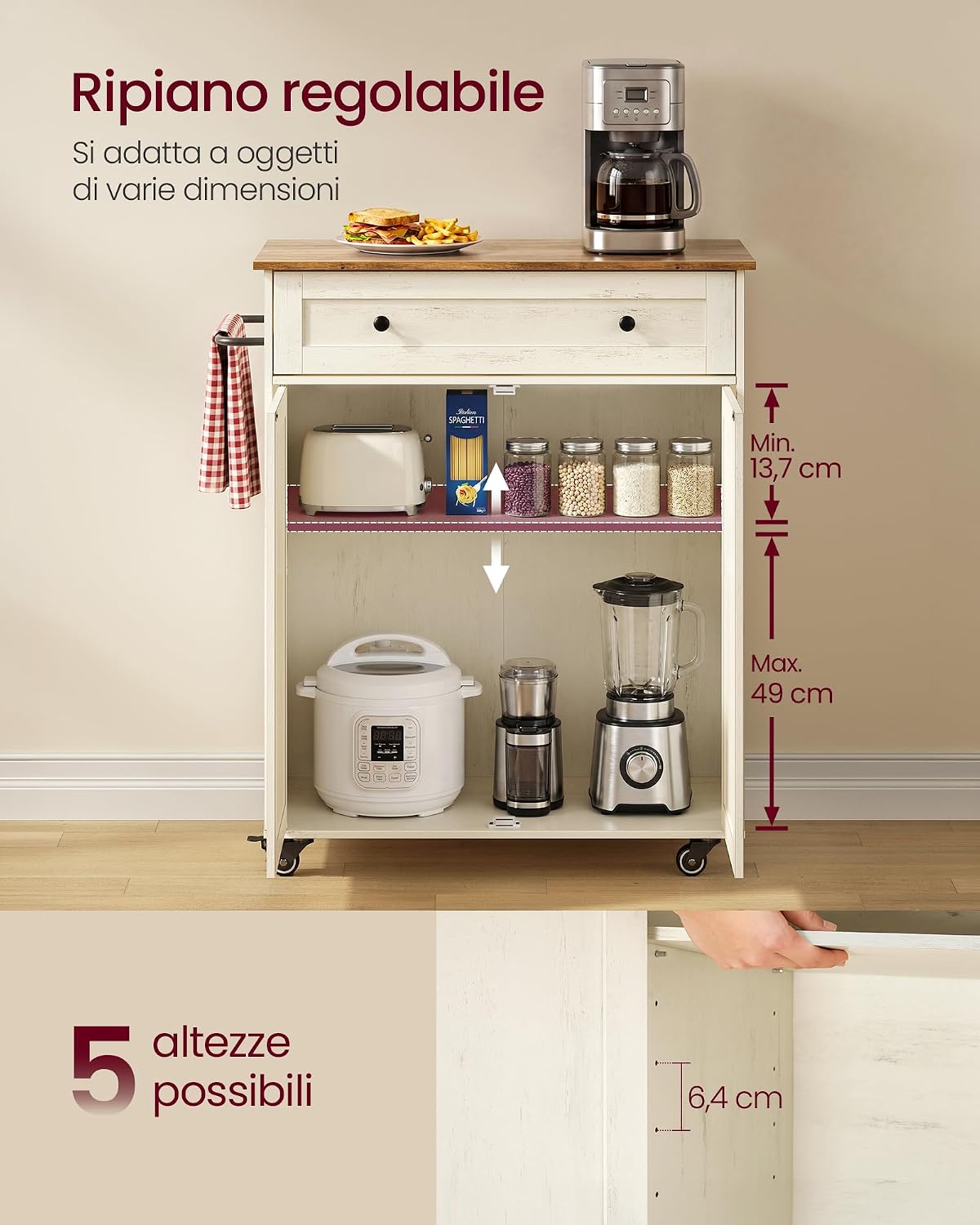 Detalle de VASAGLE SIREN Collezione: Isola da Cucina con Piano di Lavoro 40 x 78,5 x 89,2 cm in Bianco Rustico e Marrone Miele (KKI009WJ01)