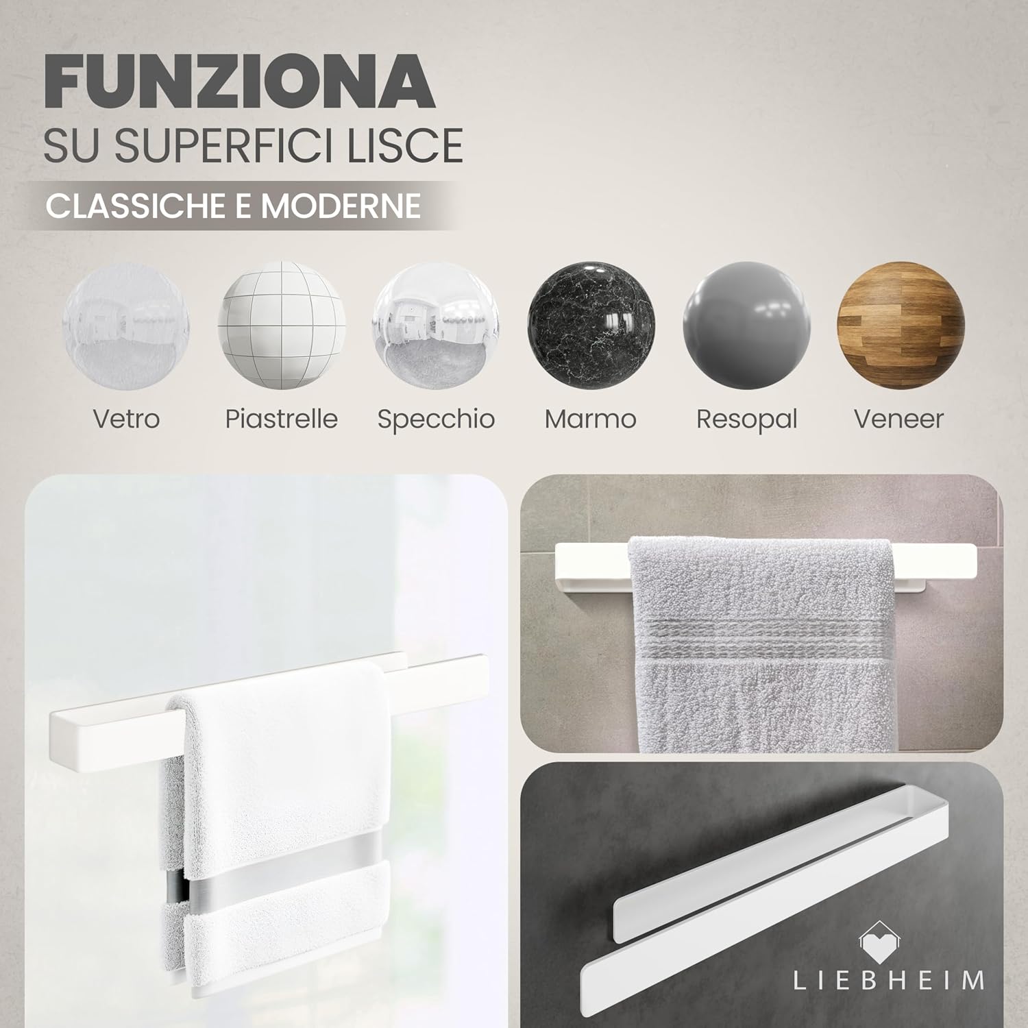 Detalle de LIEBHEIM Porta Asciugamani adesivo da parete in alluminio bianco (22 cm) – senza forare