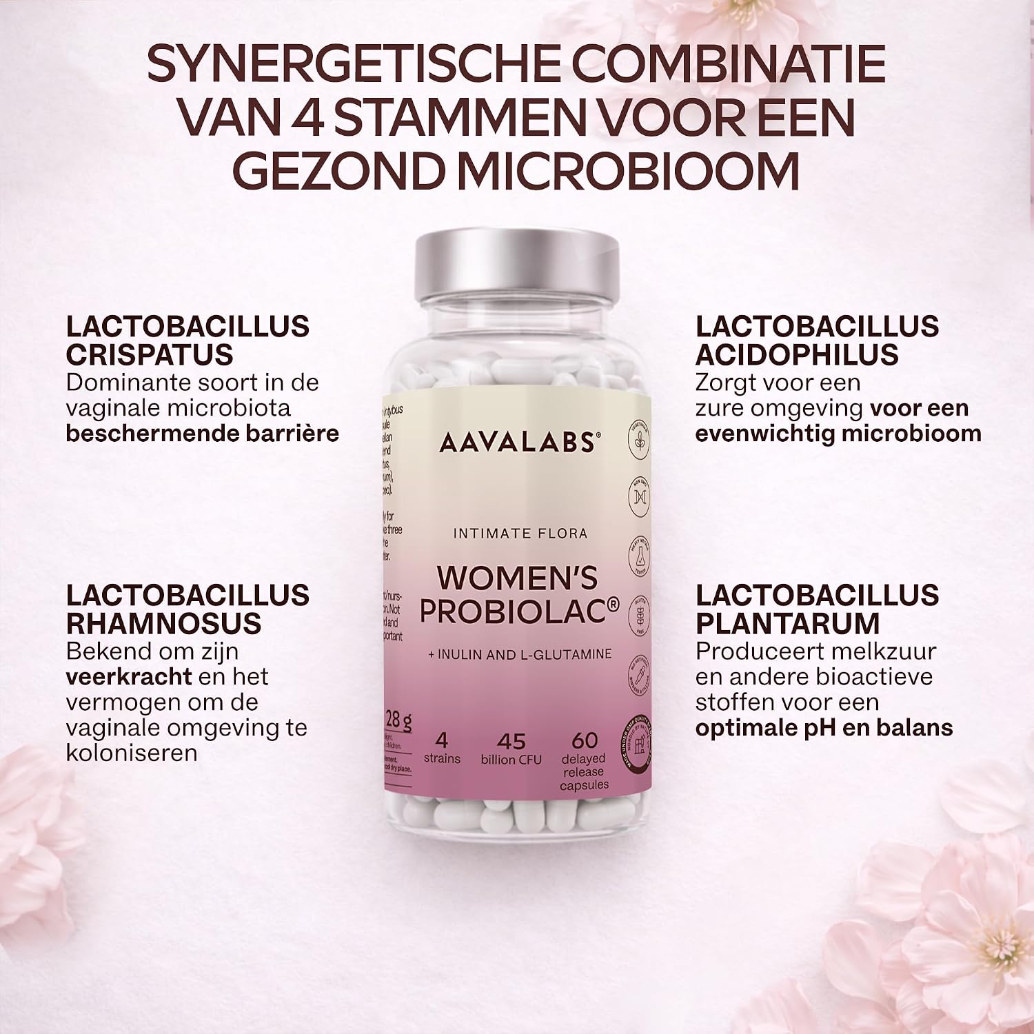 Detalle 2 de AAVALABS Women Probiolac probioticacapsules met 4 bacteriestammen en inuline