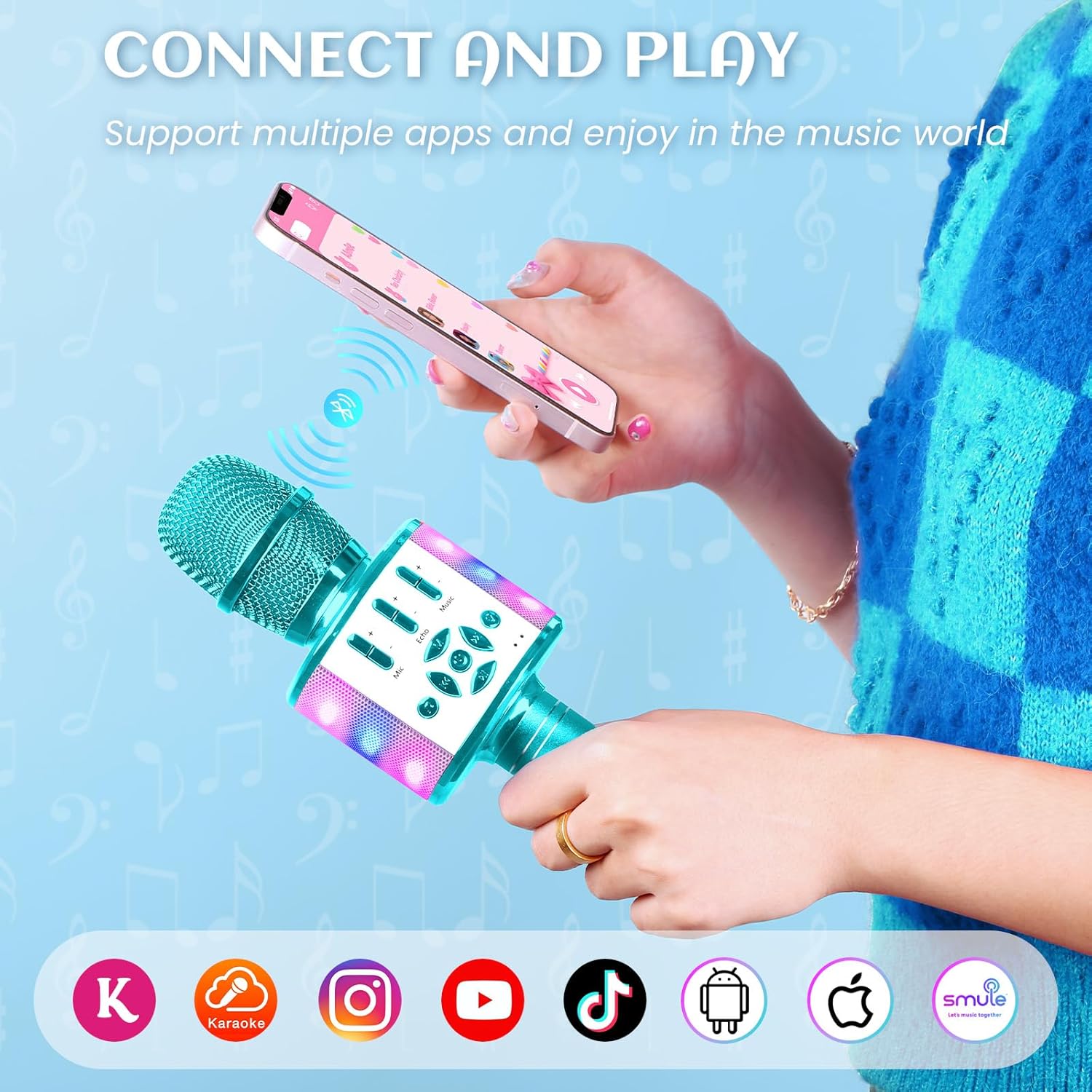 Detalle de BONAOK Karaoke microfono wireless 4 in 1 per bambini, compatibile Android (blu)