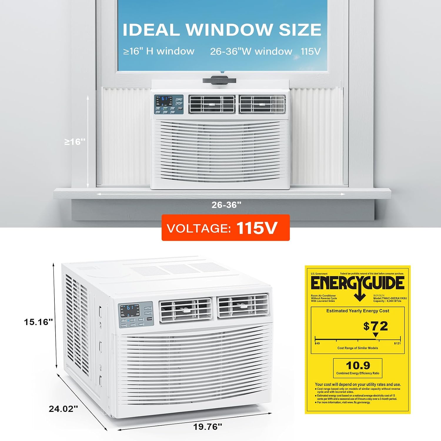 Detalle de ROVSUN Window AC & Heater-8K, 8,000 BTU, Wi-Fi and Voice Control