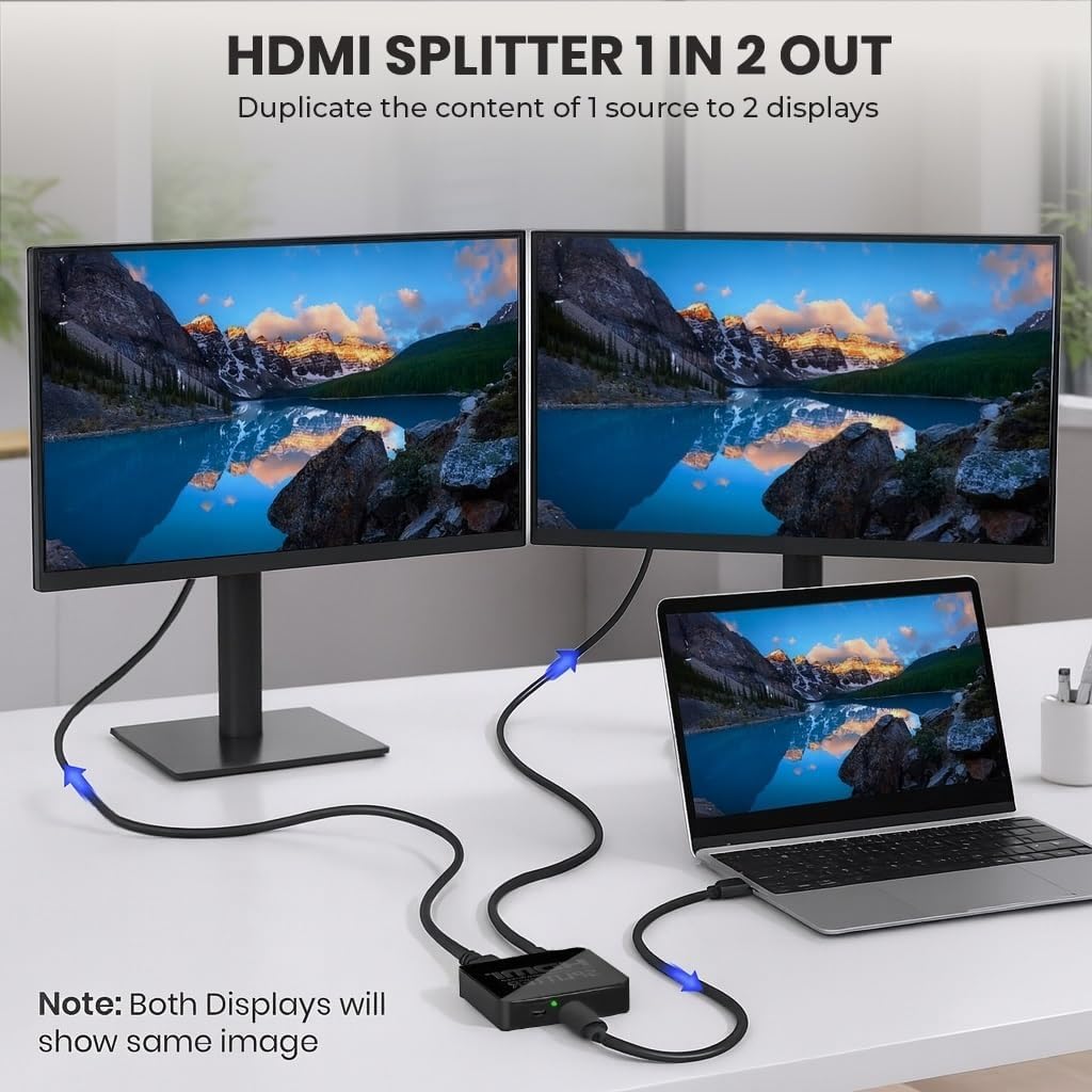 Thumbnail 1 de GLOBAL TECH HDMI Splitter 1 in 2 Out – 4K Mirror Splitter for Dual Monitors