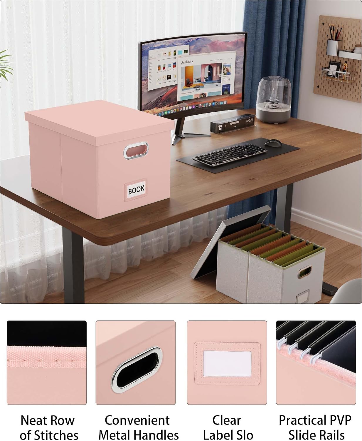 Detalle 2 de Oterri 2-Pack File Storage Boxes, Cream-Pink PVC Leather, Letter/Legal