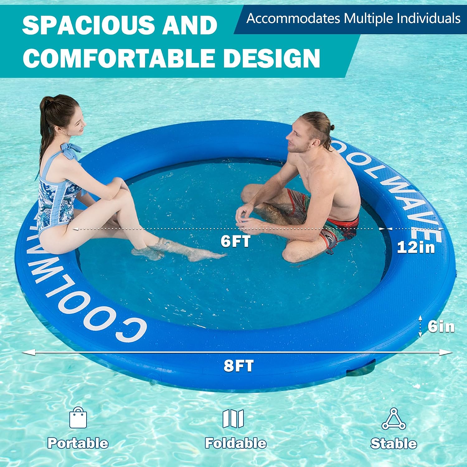 Detalle de COOLWAVE Inflatable Water Hammock Floating Dock: Family‑Sized Round Float with Pump, Ropes, and Cup Holders