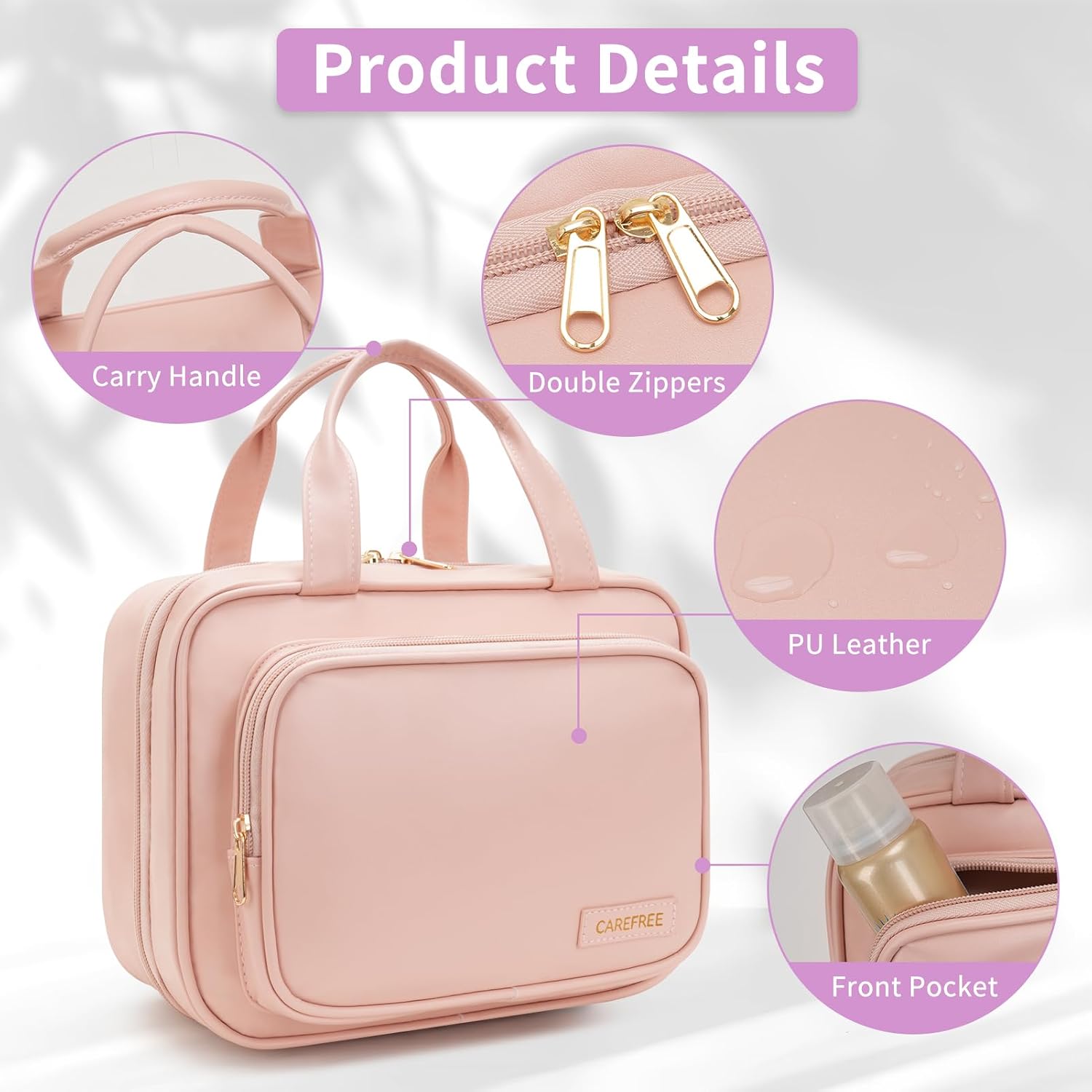 Detalle de YINGLANG Hanging Toiletry Bag – Large Capacity PU Leather Organiser with Clear Window (Pink)