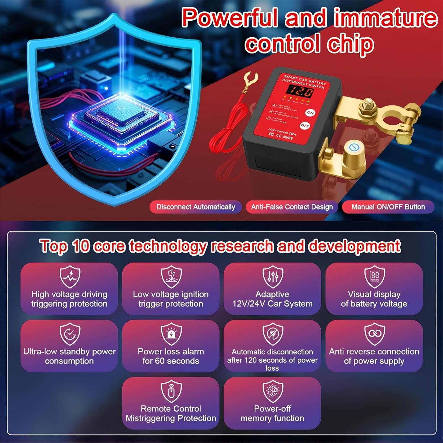 Detalle de Anosuwa Stacca Batteria Auto 12V 240A: interruttore staccabatteria con display LED e telecomando per veicoli e camper