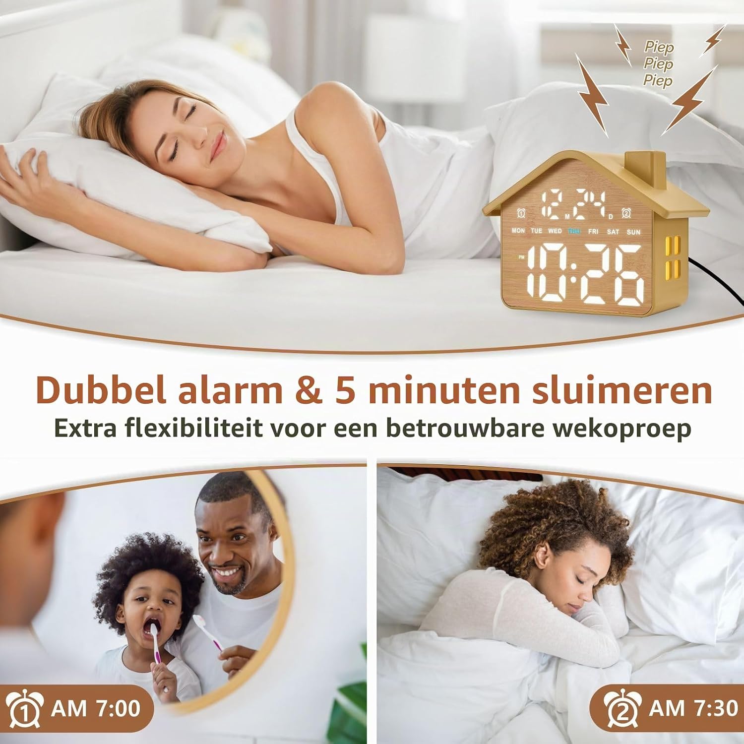 Detalle de Plumeet VLEU-8053-WD houten digitale wekker met dubbel alarm en dimbaar display