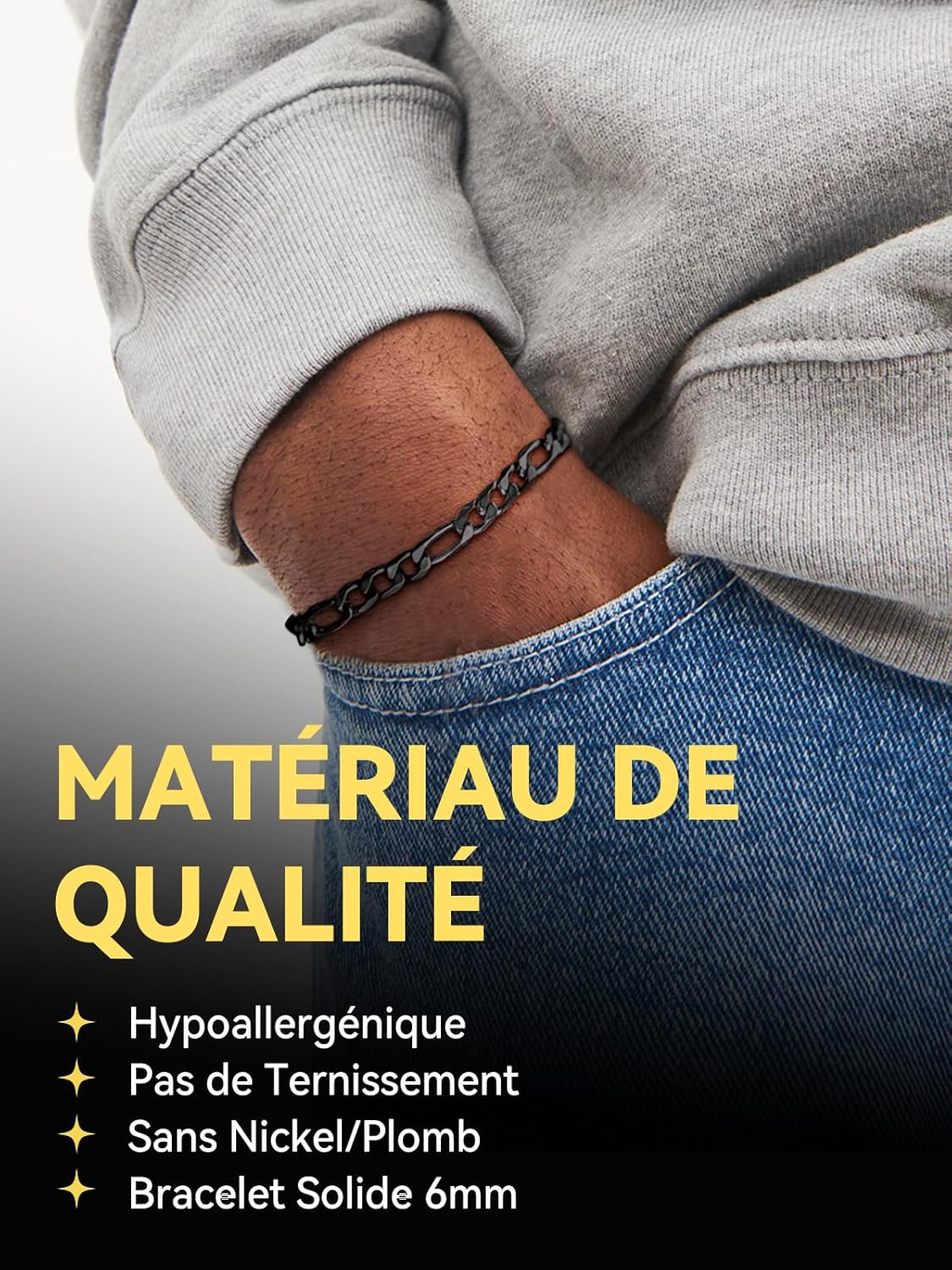 Detalle 2 de Bracelet gourmette Homme en acier inoxydable ChainsHouse — Figaro, 19/21 cm, 6/9 mm, argenté, plaqué or ou noir