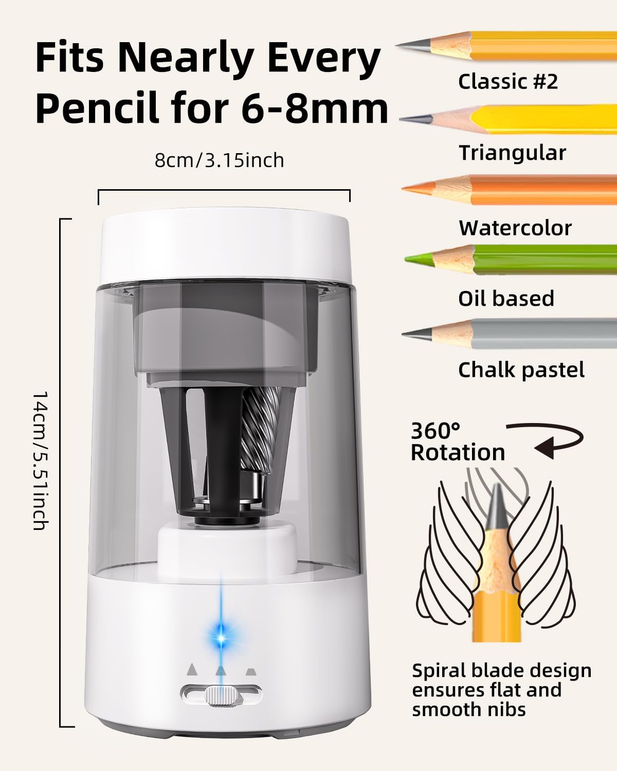 Thumbnail 1 de ZMOL Full Automatic Electric Pencil Sharpener – 6-8mm, Rechargeable, Auto In/Out, White