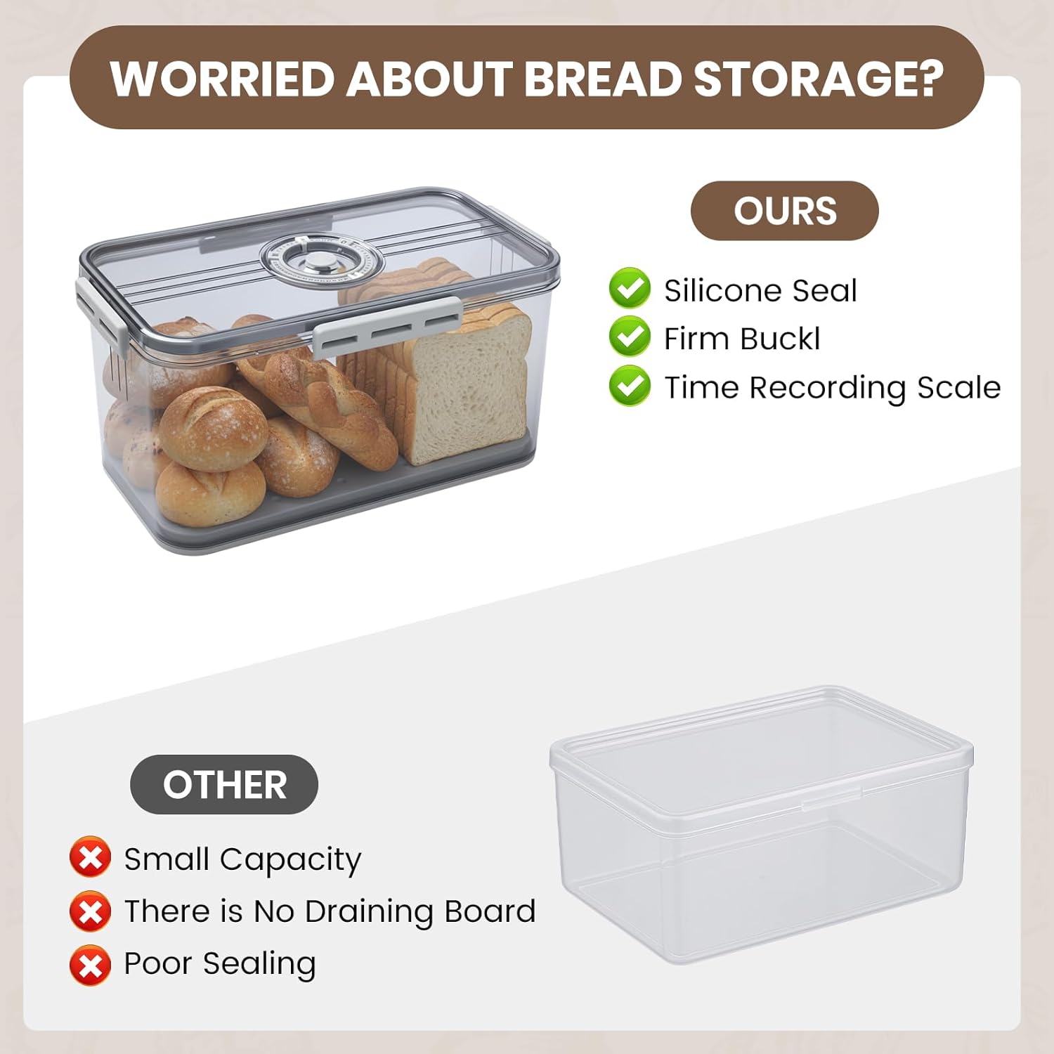 Thumbnail 4 de Otopone Grey Bread Bin for Kitchen with Adjustable Air Valve and Time Recording Lid