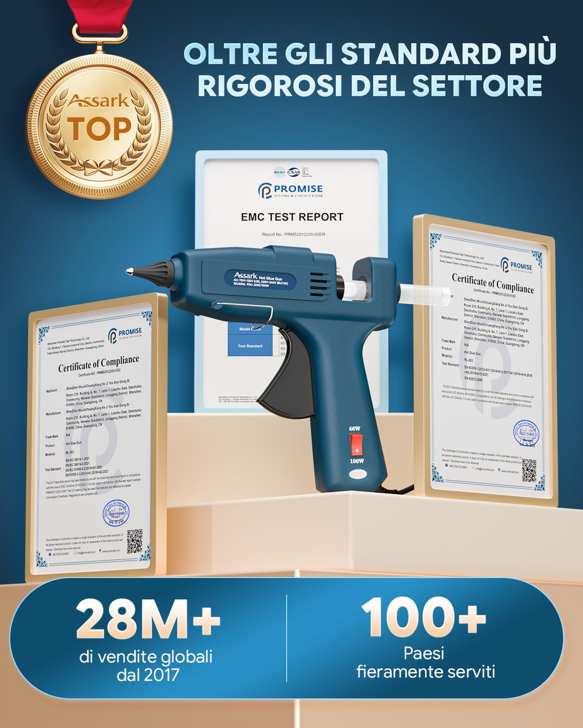 Detalle de Assark pistola per colla a caldo 60/100 W con 15 bastoncini da 11 mm x 220 mm