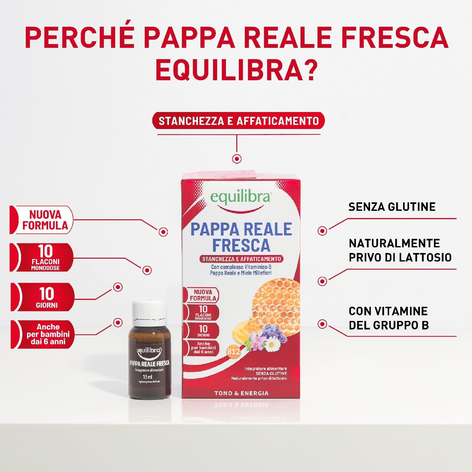 Detalle de Equilibra Pappa Reale Fresca con vitamine del gruppo B e miele Millefiori – 3 confezioni da 10 flaconcini