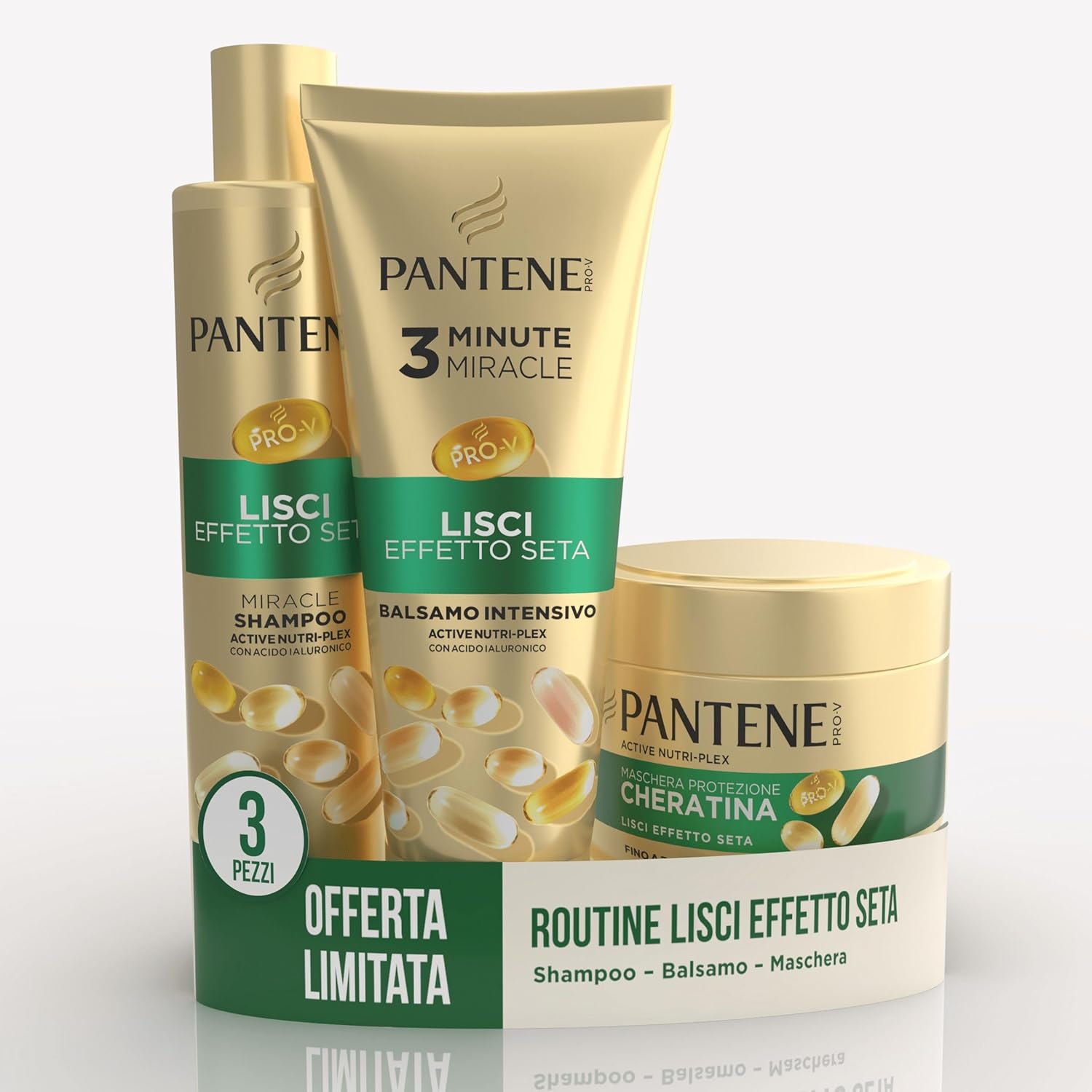 Detalle de Pantene Miracles Lisci Effetto Seta shampoo 250 ml + balsamo 200 ml + maschera 300 ml