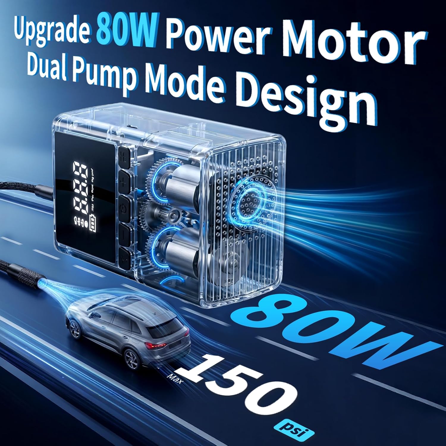 Thumbnail 2 de Upgraded 70L/min Car Tyre Inflator Air Compressor with 150 PSI Battery and LED Display