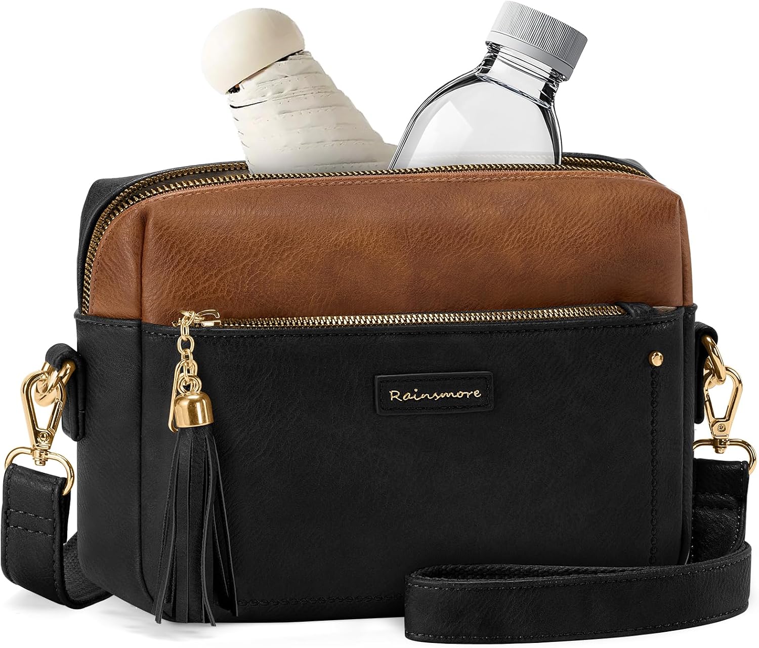 Detalle de RAINSMORE Crossbody Bag for Women – Waterproof PU Leather, Anti-Theft Zippers & 5-Compartment Design
